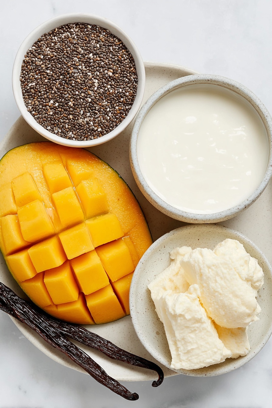 Mango Chia Pudding, healthy mango chia pudding, tropical chia pudding, easy mango chia dessert, quick chia pudding - Flat lay of a small white ceramic bowl of black chia seeds, a whole fresh mango sliced to show vibrant orange flesh, two small white ceramic bowls each filled with creamy non-dairy mylk, a small white ceramic bowl of golden pure maple syrup, a whole vanilla bean pod, and a small white ceramic bowl of fine sea salt crystals placed on a clean white marble surface, soft natural light, photo taken with an iPhone, professional food photography style, fresh ingredients, white ceramic bowls, no bottles, no duplicates, no utensils, no packaging --ar 2:3 --v 7 --p m7354615311229779997