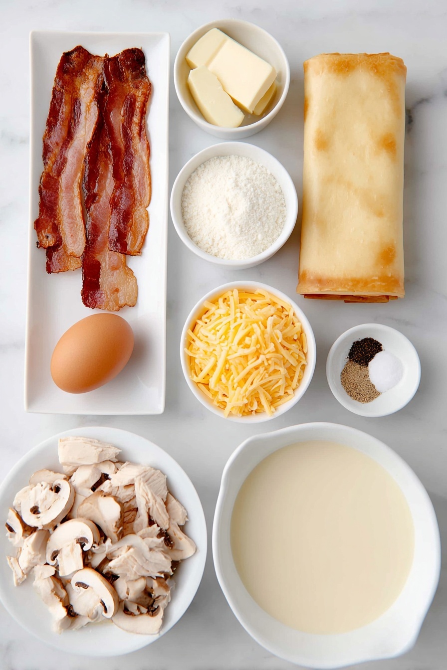 Creamy Chicken and Mushroom Pie, Chicken and Mushroom Pie, Easy Chicken Pie, Flaky Puff Pastry Chicken Pie, Comfort Food Chicken Pie - Flat lay of four crispy cooked bacon strips chopped, a small mound of sliced fresh brown and white mushrooms, two tablespoons of creamy butter sticks, a few cloves of minced garlic in a small white bowl, a pile of shredded cooked chicken breast, a small heap of shredded sharp cheddar cheese, a whole uncracked brown egg, a small white bowl of smooth pale cream sauce (cream of chicken), a small white bowl of flour, a small white bowl of chicken broth, a small white bowl of milk, a small white bowl of cracked black pepper and another small white bowl of garlic powder, and two rolled out sheets of pale golden puff pastry, all arranged with perfect symmetry on a simple white ceramic plate and bowls placed on a clean white marble surface, soft natural light, photo taken with an iPhone, professional food photography style, fresh ingredients, white ceramic bowls, no bottles, no duplicates, no utensils, no packaging --ar 2:3 --v 7 --p m7354615311229779997