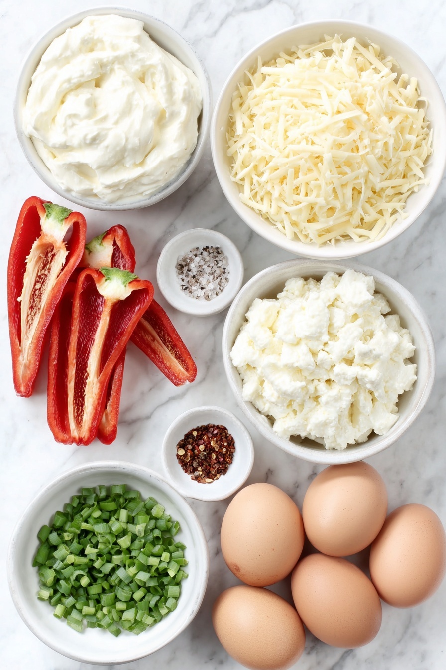 Cream Cheese Stuffed Mini Peppers, Stuffed Mini Peppers Appetizer, Cream Cheese Filled Mini Peppers, Mini Peppers Party Appetizer, Easy Mini Peppers Recipe - Flat lay of fresh mini sweet peppers cut lengthwise with seeds removed, a small white ceramic bowl of softened cream cheese, a small white ceramic bowl filled with grated sharp cheddar cheese, a small white ceramic bowl holding chopped fresh chives, a small white ceramic bowl with coarse sea salt, a small white ceramic bowl with ground black pepper, whole uncracked brown eggs arranged symmetrically, placed on a clean white marble surface, soft natural light, photo taken with an iPhone, professional food photography style, fresh ingredients, white ceramic bowls, no bottles, no duplicates, no utensils, no packaging --ar 2:3 --v 7 --p m7354615311229779997