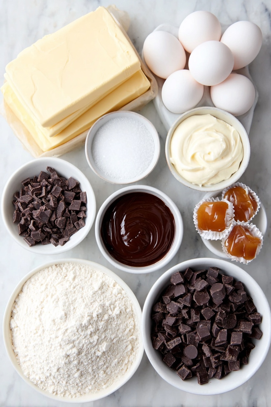 Chocolate Hazelnut Caramel Stuffed Brownie Cookies, chocolate caramel stuffed cookies, hazelnut brownie cookies, caramel filled chocolate cookies, gooey brownie cookies - Flat lay of a small slab of unsalted butter, a handful of chopped bittersweet chocolate chunks, a small pile of chopped dark chocolate pieces, three large whole eggs with clean shells, a small white bowl filled with granulated sugar, a small white bowl holding vanilla extract, a dollop of softened cream cheese, a neat mound of all-purpose flour, a small heap of dark chocolate cocoa powder, a pinch of baking powder, a pinch of salt, a small white bowl with rich chocolate hazelnut spread, a cluster of milk chocolate covered caramel candies, a small white bowl containing mixed granulated sugar and flaky sea salt, and a small white bowl with deep red pomegranate juice, all arranged symmetrically and naturally fresh on simple white ceramic dishes, placed on a clean white marble surface, soft natural light, photo taken with an iPhone, professional food photography style, fresh ingredients, white ceramic bowls, no bottles, no duplicates, no utensils, no packaging --ar 2:3 --v 7 --p m7354615311229779997