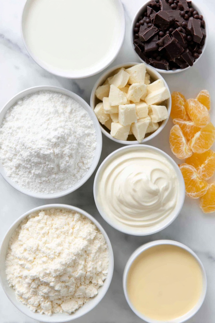 White Chocolate Panna Cotta with Orange Chocolate Sauce, elegant dessert recipes, easy panna cotta dessert, citrus panna cotta, chocolate sauce dessert - Flat lay of a small white ceramic bowl of powdered unflavored gelatin, a small white ceramic bowl with cold half and half, a small white ceramic bowl with whole milk, a small white ceramic bowl of heavy whipping cream, a small white ceramic bowl with white chocolate morsels, a small white ceramic bowl of granulated sugar, a small white ceramic bowl with finely chopped orange dark chocolate bar, a small white ceramic bowl filled with smooth heavy cream, a small white ceramic bowl containing orange liqueur, a small white ceramic bowl with shiny dark chocolate beads, and several pieces of bright candied orange peel, all ingredients fresh and natural, placed on a clean white marble surface, soft natural light, photo taken with an iPhone, professional food photography style, fresh ingredients, white ceramic bowls, no bottles, no duplicates, no utensils, no packaging --ar 2:3 --v 7 --p m7354615311229779997