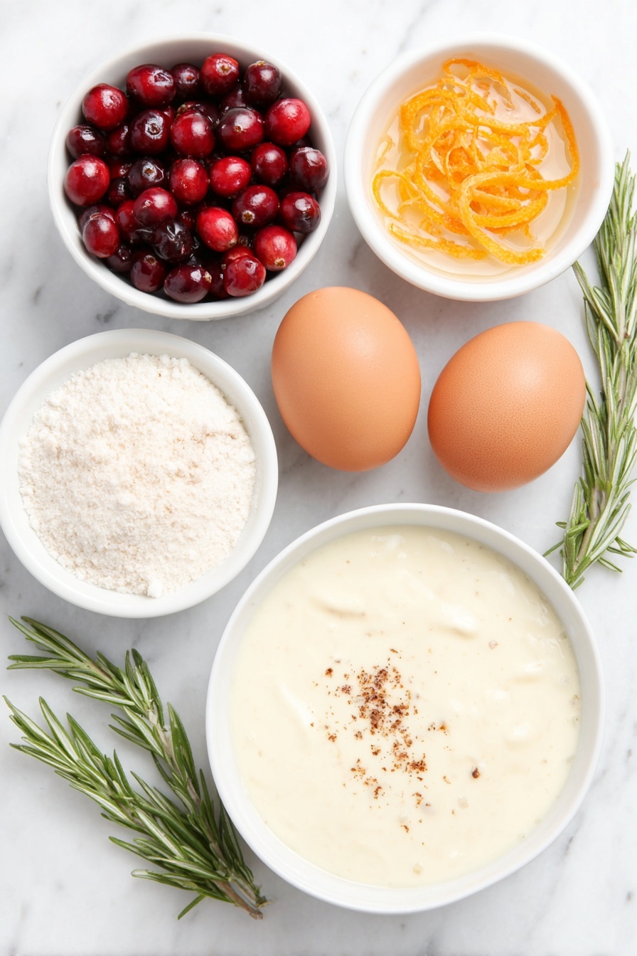 Eggnog Panna Cotta with Cranberry Liqueur Sauce, festive holiday dessert, eggnog panna cotta recipe, holiday panna cotta with cranberry sauce, Christmas dessert ideas - Flat lay of a small white ceramic bowl of cold water, a small white ceramic bowl with a sprinkle of powdered gelatin on its surface, two brown eggs with clean shells, a small white ceramic bowl filled with creamy eggnog liquid, fresh bright red cranberries scattered loosely, a small white ceramic bowl of granulated sugar, vibrant orange zest curls, a small white ceramic bowl of fresh orange juice, a small white ceramic bowl of orange liqueur, a few fresh rosemary sprigs neatly arranged, and six fresh cranberries for garnish, all placed on a clean white marble surface, soft natural light, photo taken with an iPhone, professional food photography style, fresh ingredients, white ceramic bowls, no bottles, no duplicates, no utensils, no packaging --ar 2:3 --v 7 --p m7354615311229779997