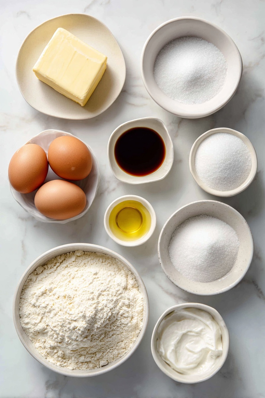 Amish Sugar Cookies, Amish Sugar Cookies recipe, soft Amish sugar cookies, classic sugar cookie recipe, melt-in-your-mouth sugar cookies - Flat lay of a small square of pale yellow softened butter, a small white ceramic bowl filled with clear vegetable oil, a small white bowl heaped with white granulated sugar, a small white bowl containing fine white powdered sugar, two large whole eggs with smooth brown shells, a small white bowl of golden vanilla extract, a mound of light beige all-purpose flour on a white ceramic plate, a small white bowl with off-white baking soda powder, a small white bowl with white cream of tartar powder, all arranged symmetrically and balanced, placed on a clean white marble surface, soft natural light, photo taken with an iPhone, professional food photography style, fresh ingredients, white ceramic bowls, no bottles, no duplicates, no utensils, no packaging --ar 2:3 --v 7 --p m7354615311229779997