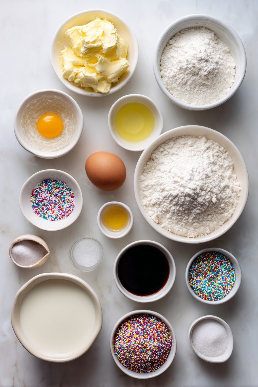 Soft Frosted Sugar Cookies, classic sugar cookie recipe, buttery sugar cookies with frosting, easy homemade sugar cookies, soft cookie with creamy frosting - Flat lay of a small white ceramic bowl of softened unsalted butter, a small bowl of granulated sugar, a small bowl of powdered sugar, one whole clean brown egg, a small bowl of vegetable oil, a small bowl of vanilla extract, a small bowl of almond extract, a neat pile of all-purpose flour, a small mound of cornstarch, a small pile of baking powder, a small heap of salt, a small white bowl of milk, and a neat pile of colorful sprinkles, all arranged symmetrically on a clean white marble surface, soft natural light, photo taken with an iPhone, professional food photography style, fresh ingredients, white ceramic bowls, no bottles, no duplicates, no utensils, no packaging --ar 2:3 --v 7 --p m7354615311229779997