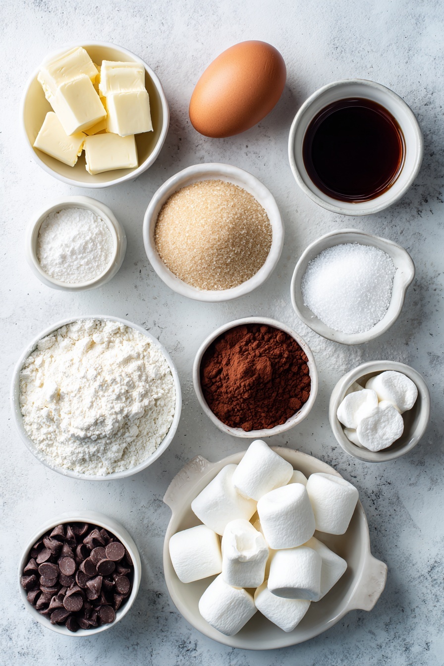 Hot Chocolate Cookies with Marshmallows, chocolate cookies with marshmallows, cozy dessert recipes, easy chocolate cookie recipes, gooey marshmallow cookies - Flat lay of a small pile of unsalted butter cubes, a mound of soft light brown sugar, a small heap of granulated sugar, one large whole uncracked brown egg, a small white ceramic bowl of pure vanilla extract, a small white ceramic bowl of unsweetened cocoa powder, a small white ceramic bowl of all purpose flour, a small white ceramic bowl of baking soda, a small white ceramic bowl of salt, a small white ceramic bowl of cornstarch, a small pile of semi-sweet chocolate chips, and several cut halves of fresh white marshmallows, all arranged symmetrically on a clean white marble surface, soft natural light, photo taken with an iPhone, professional food photography style, fresh ingredients, white ceramic bowls, no bottles, no duplicates, no utensils, no packaging --ar 2:3 --v 7 --p m7354615311229779997