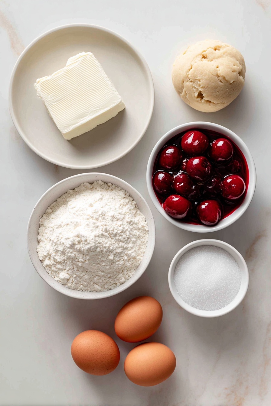 Cherry Cheesecake Cookies, cherry cheesecake cookie recipe, easy cherry cheesecake cookies, soft cheesecake cookies, fruity dessert cookies - Flat lay of a block of fresh cream cheese, a small mound of all-purpose flour on a white ceramic plate, a ball of pale beige refrigerated sugar cookie dough, a small white bowl filled with bright red cherry pie filling with whole cherries visible, a small white bowl containing granulated sugar crystals, two whole brown eggs with clean shells placed near the center, all arranged in perfect symmetry on a simple white ceramic surface, placed on a clean white marble surface, soft natural light, photo taken with an iPhone, professional food photography style, fresh ingredients, white ceramic bowls, no bottles, no duplicates, no utensils, no packaging --ar 2:3 --v 7 --p m7354615311229779997