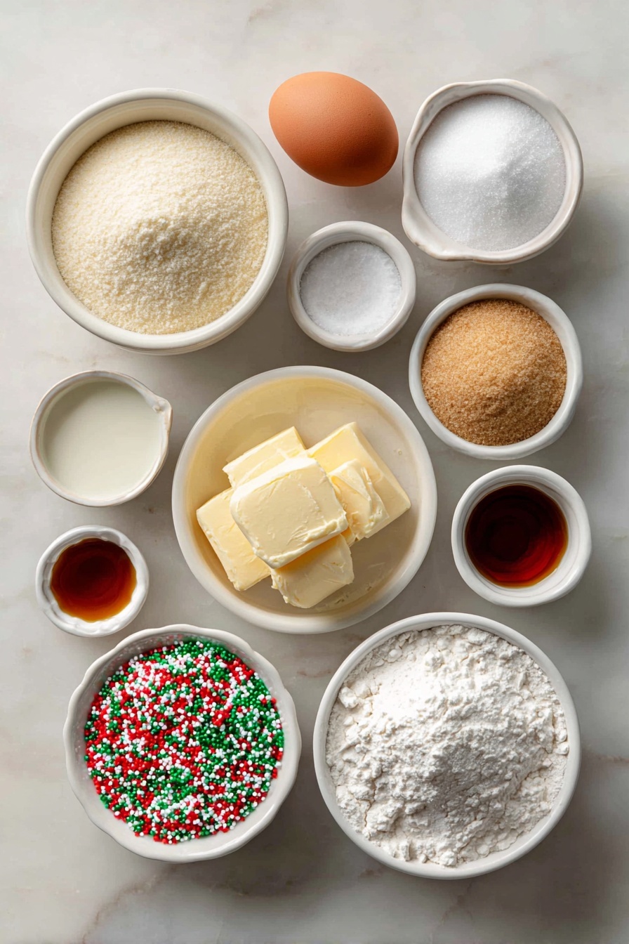 No-Roll Christmas Sprinkle Cookies, festive holiday cookies, easy Christmas cookie recipe, no-bake holiday treats, colorful sprinkles cookies - Flat lay of a small mound of unsalted butter, a small white ceramic bowl of granulated sugar, a small white ceramic bowl of packed light brown sugar, one large uncracked brown egg, a small white ceramic bowl of cream, a small white ceramic bowl of clear imitation vanilla extract, a small white ceramic bowl of all-purpose flour, a small white ceramic bowl of cornstarch, a small white ceramic bowl of baking soda, a small white ceramic bowl of salt, a small white ceramic bowl filled with red, green, and white jimmies sprinkles, all arranged symmetrically on a clean white marble surface, soft natural light, photo taken with an iPhone, professional food photography style, fresh ingredients, white ceramic bowls, no bottles, no duplicates, no utensils, no packaging --ar 2:3 --v 7 --p m7354615311229779997