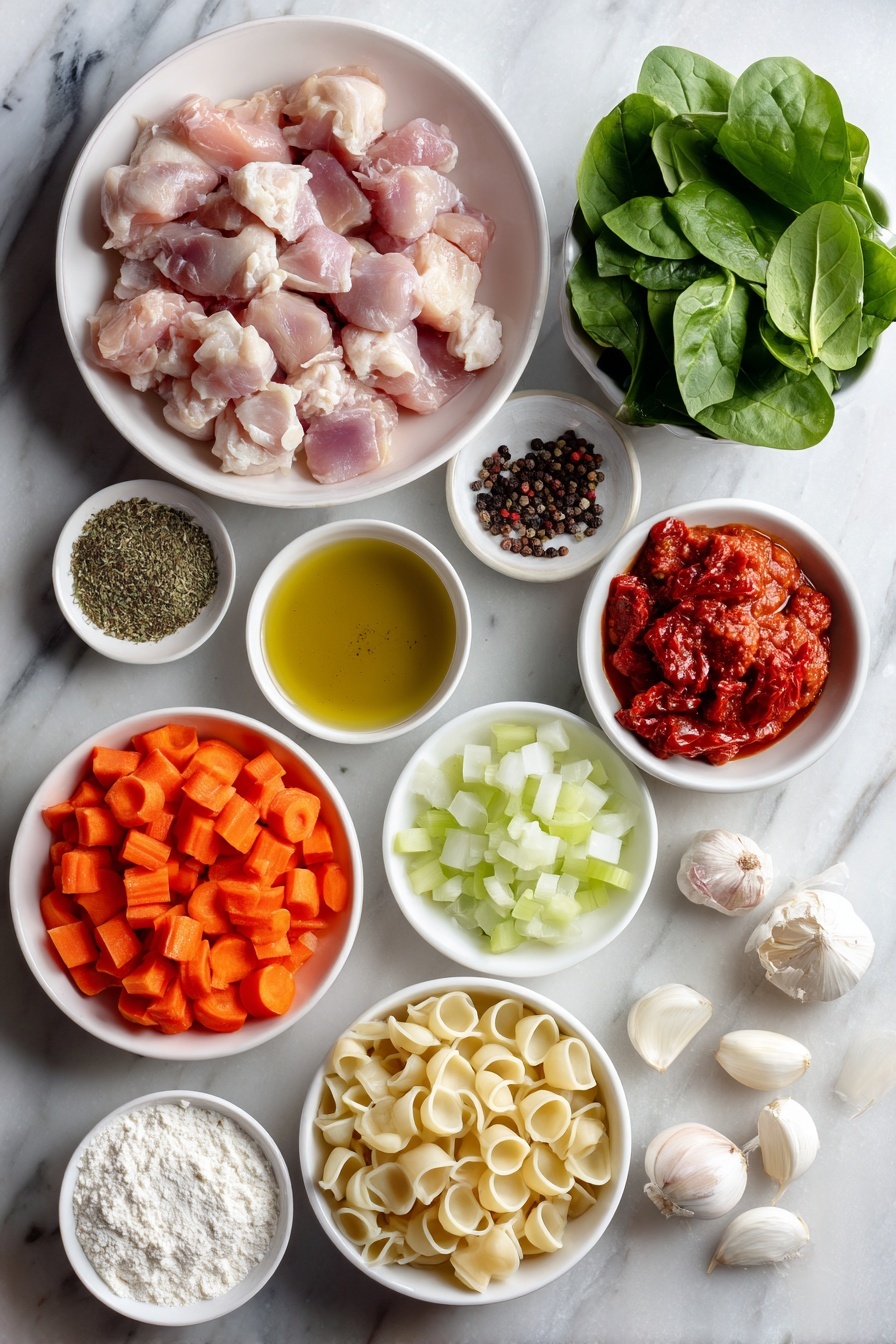 Creamy Tuscan Chicken Soup, Tuscan chicken soup, easy creamy chicken soup, hearty comfort food recipes, Italian-inspired chicken soup - Flat lay of a small white ceramic bowl of golden olive oil, a pile of fresh boneless, skinless chicken thighs cut into chunks, a small white bowl filled with mixed Italian seasoning herbs, a small mound of coarse sea salt, a small heap of black peppercorns, a simple white plate with diced bright orange carrots, diced pale green celery sticks, diced white onions, and diced deep red sundried tomatoes arranged neatly, three whole uncracked garlic cloves with clean white skins, a small white bowl containing fine white flour, a small white bowl with rich red tomato paste, a simple white bowl showing golden chicken broth, a small white dish heaped with uncooked Italian small shell pasta, a small white bowl of thick heavy whipping cream, a white plate sprinkled with grated parmesan reggiano cheese, and a handful of vibrant fresh green spinach leaves, all placed on a clean white marble surface, soft natural light, photo taken with an iPhone, professional food photography style, fresh ingredients, white ceramic bowls, no bottles, no duplicates, no utensils, no packaging --ar 2:3 --v 7 --p m7354615311229779997