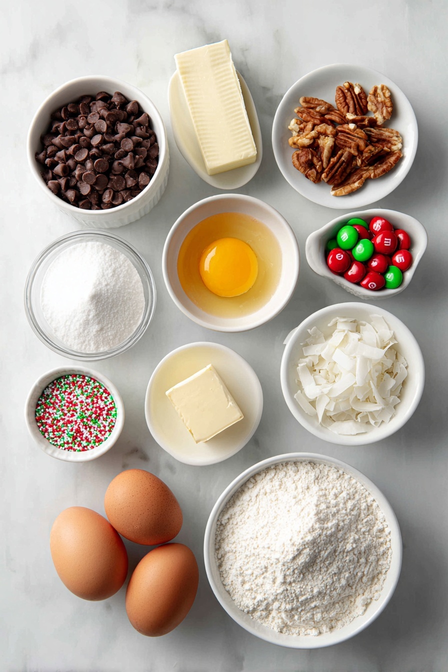 Christmas Magic Layer Brownie Bars, festive holiday brownie bars, Christmas dessert recipes, layered brownie recipe for Christmas, holiday treat ideas - Flat lay of a small mound of semi-sweet chocolate chips, a stick of salted butter with a smooth surface, two large brown eggs with clean shells, one large egg yolk in a small white ceramic bowl, a small white bowl filled with granulated sugar, a small white bowl holding all-purpose flour, a small white bowl of vanilla extract, a small white bowl with sweetened condensed milk, a handful of mixed nuts scattered naturally, a small heap of sweetened flaked coconut, a small pile of mini red, green, and white holiday M&Ms, a small pile of regular-sized red, green, and white holiday M&Ms, and a small white bowl with colorful holiday sprinkles, all arranged symmetrically on a clean white marble surface, soft natural light, photo taken with an iPhone, professional food photography style, fresh ingredients, white ceramic bowls, no bottles, no duplicates, no utensils, no packaging --ar 2:3 --v 7 --p m7354615311229779997