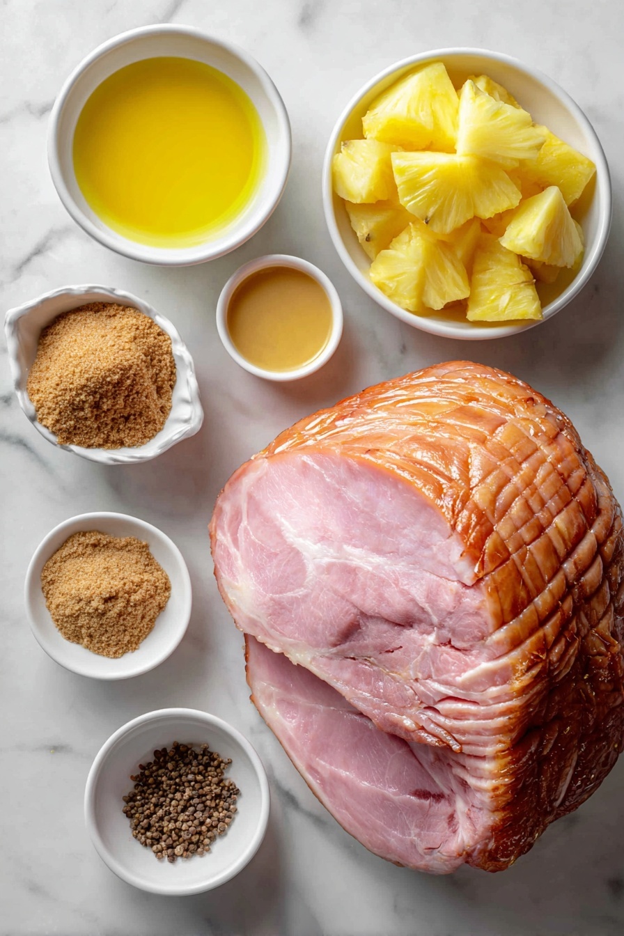 Baked Glazed Ham, glazed ham recipe, holiday ham, easy ham dinner, sweet and tangy ham - Flat lay of a large bone-in spiral cut ham with natural pinkish glaze, a small mound of coarse brown sugar, a few fresh pineapple chunks with natural juice pooled in a small white ceramic bowl, a small white bowl of bright yellow lemon juice, a small white bowl of smooth pale yellow Dijon mustard, a small white bowl containing cinnamon powder, and a small white bowl with ground cloves, all arranged symmetrically on a clean white marble surface, soft natural light, photo taken with an iPhone, professional food photography style, fresh ingredients, white ceramic bowls, no bottles, no duplicates, no utensils, no packaging --ar 2:3 --v 7 --p m7354615311229779997
