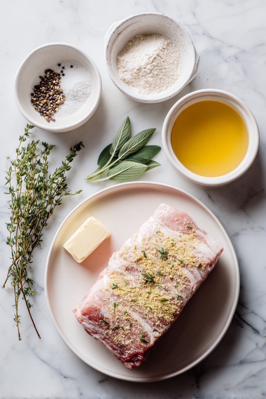 Crock Pot Pork Roast, easy pork dinner, slow cooker pork recipe, tender pork roast, comforting pork dish - Flat lay of a fresh whole pork loin roast with a light layer of poultry seasoning, small piles of coarse salt and cracked black peppercorns, a few fresh sprigs of sage and thyme beside a pat of creamy butter on a simple white ceramic plate, a small white bowl of pale all-purpose flour, and a small white bowl filled with golden slow cooker juices blended with light chicken broth, all arranged in perfect symmetry and natural proportions, placed on a clean white marble surface, soft natural light, photo taken with an iPhone, professional food photography style, fresh ingredients, white ceramic bowls, no bottles, no duplicates, no utensils, no packaging --ar 2:3 --v 7 --p m7354615311229779997