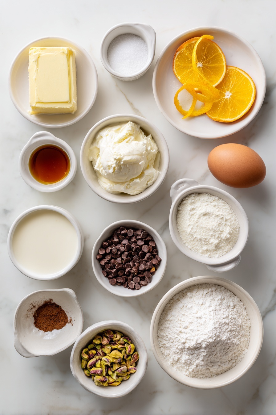 Cannoli Cookie Bites, Italian dessert bites, easy cookie treats, no-bake cookie recipes, pistachio and chocolate cookies - Flat lay of a half cup of salted butter softened into a smooth block, a half cup of granulated sugar in a small white ceramic bowl, one whole large brown egg with clean shell, a half cup of whole milk ricotta cheese in a small white ceramic bowl, a small white bowl of pure vanilla extract, a small white bowl containing ground cinnamon, a small white bowl of ground nutmeg, fresh orange zest curled delicately on a white ceramic plate, a small mound of all-purpose flour on a white plate, a small white bowl with baking soda powder, a small white bowl with baking powder, a small white bowl filled with roughly chopped pistachios, a small white bowl of mini dark chocolate chips, all arranged with perfect symmetry in realistic proportions, placed on a clean white marble surface, soft natural light, photo taken with an iPhone, professional food photography style, fresh ingredients, white ceramic bowls, no bottles, no duplicates, no utensils, no packaging --ar 2:3 --v 7 --p m7354615311229779997