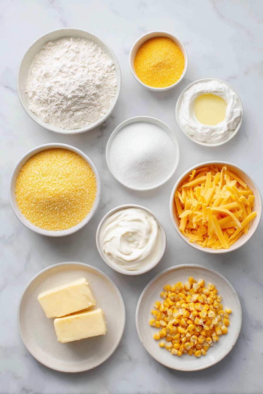 Creamy Cheddar Cornbread Casserole, cheesy cornbread bake, comforting cornbread casserole, easy cheesy corn casserole, sweet and savory cornbread dish - Flat lay of a small white ceramic bowl of all-purpose flour, a small white ceramic bowl of yellow cornmeal, a small white ceramic bowl of granulated sugar, a small white ceramic bowl of baking powder, a small white ceramic bowl of salt, a small white ceramic bowl filled with bright yellow whole kernel corn, a small white ceramic bowl of creamy corn, a small white ceramic bowl holding smooth sour cream, a small white ceramic bowl with melted butter, a simple white ceramic plate with a small pile of freshly shredded sharp cheddar cheese, placed on a clean white marble surface, soft natural light, photo taken with an iPhone, professional food photography style, fresh ingredients, white ceramic bowls, no bottles, no duplicates, no utensils, no packaging --ar 2:3 --v 7 --p m7354615311229779997