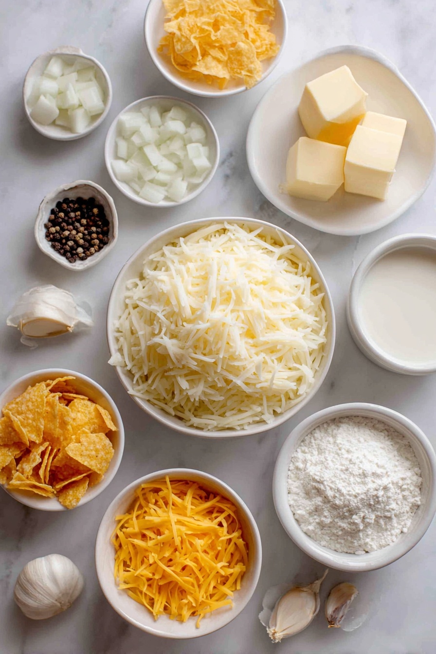 Cheesy Hashbrown Casserole, cheesy potato casserole, baked hashbrown recipe, cheesy potato bake, comfort food casserole - Flat lay of frozen shredded hashbrown potatoes in a simple white ceramic bowl, a small white bowl with diced fresh onion, a few cubes of unsalted butter placed neatly on a white dish, a small white bowl of all-purpose flour, a small white bowl filled with milk, a white bowl with freshly grated sharp cheddar cheese, a white bowl holding sour cream, a white bowl of golden corn flakes, a small white bowl with a pile of shredded cheddar cheese, scattered whole black peppercorns and garlic cloves nearby arranged symmetrically, all ingredients fresh and natural, placed on a clean white marble surface, soft natural light, photo taken with an iPhone, professional food photography style, fresh ingredients, white ceramic bowls, no bottles, no duplicates, no utensils, no packaging --ar 2:3 --v 7 --p m7354615311229779997