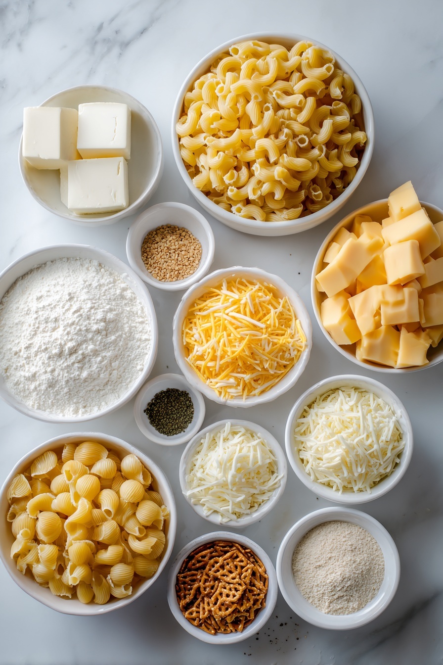 Baked Mac and Cheese with Pretzel Topping, creamy cheesy pasta with crunchy pretzel topping, ultimate baked mac and cheese, cheesy pasta casserole with pretzels, easy baked mac and cheese recipe - Flat lay of uncooked elbow macaroni and uncooked shell pasta side by side, a small white ceramic bowl of creamy white butter cubes, a small white bowl of fine all-purpose flour, a small white bowl filled with fresh whole milk, a small white bowl with thick heavy cream, a small white bowl heaped with freshly shredded sharp cheddar cheese, a small white bowl with freshly shredded parmesan cheese, small white bowl containing cubed Velveeta cheese, a small white bowl with coarse kosher salt, a small white bowl with whole black peppercorns, a small white bowl holding ground mustard powder, a small white bowl with onion powder, a small white bowl filled with garlic powder, a small white bowl of smooth yellow Dijon mustard, a small white bowl with crushed pretzels, a small white bowl filled with golden panko breadcrumbs, and a small white bowl with dried parsley flakes arranged with perfect symmetry, placed on a clean white marble surface, soft natural light, photo taken with an iPhone, professional food photography style, fresh ingredients, white ceramic bowls, no bottles, no duplicates, no utensils, no packaging --ar 2:3 --v 7 --p m7354615311229779997