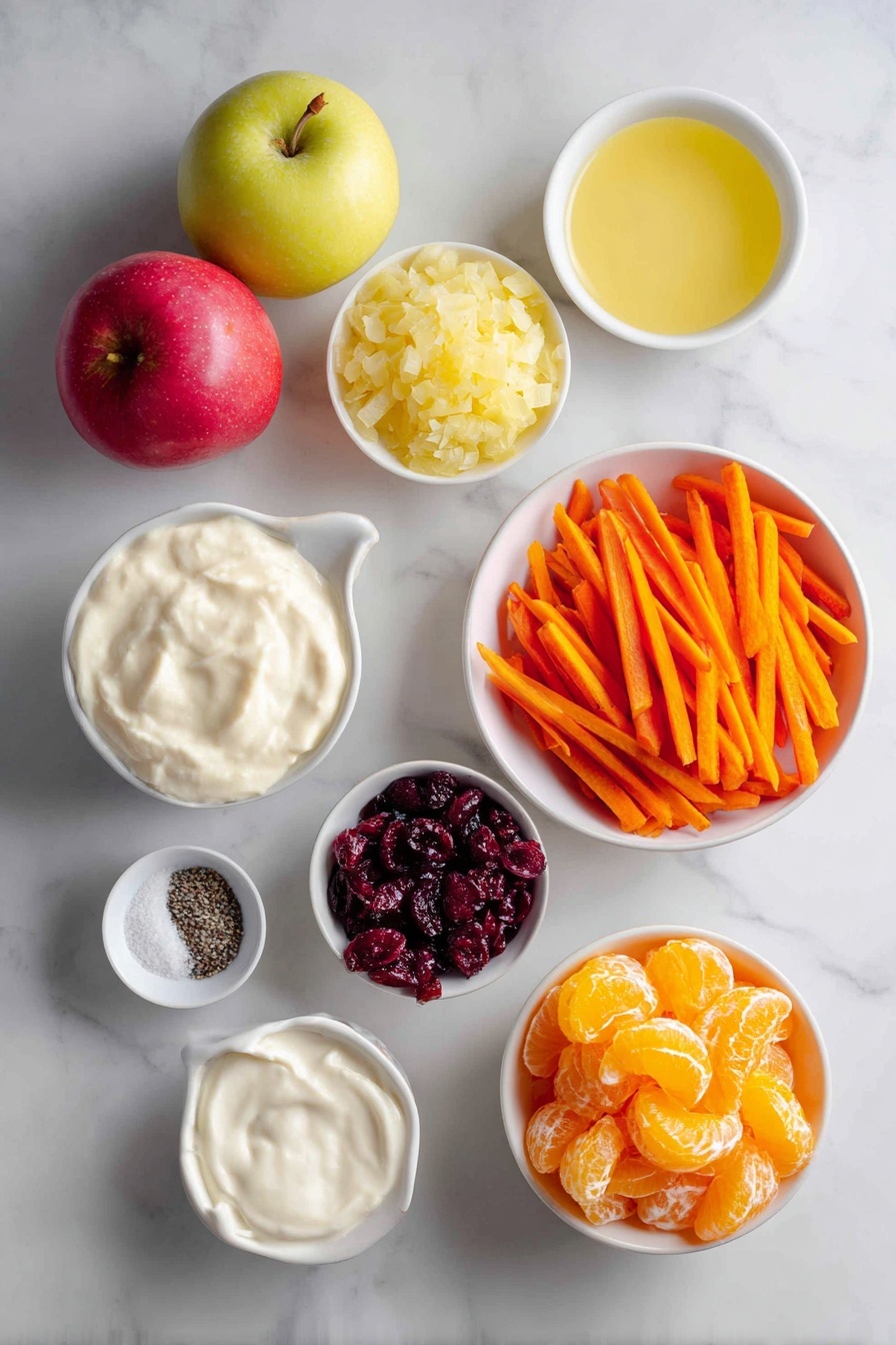 Carrot Apple Salad with Cranberries and Mandarin, healthy fruit salad with cranberries and mandarins, easy colorful vegetable salad, fresh apple and carrot side dish, quick fruit salad recipe - Flat lay of a whole red delicious apple, a whole granny smith apple, a small white bowl of bright lemon juice, a simple white bowl filled with matchstick-cut fresh orange carrots, a small pile of finely diced yellow onion, a neat handful of dried sweetened cranberries, a small white bowl of creamy vanilla yogurt, a small white bowl of smooth mayonnaise, a small white bowl of granulated sugar, small piles of salt and black pepper, and a simple white bowl with vibrant mandarin orange segments, arranged in perfect symmetry on a clean white marble surface, soft natural light, photo taken with an iPhone, professional food photography style, fresh ingredients, white ceramic bowls, no bottles, no duplicates, no utensils, no packaging --ar 2:3 --v 7 --p m7354615311229779997