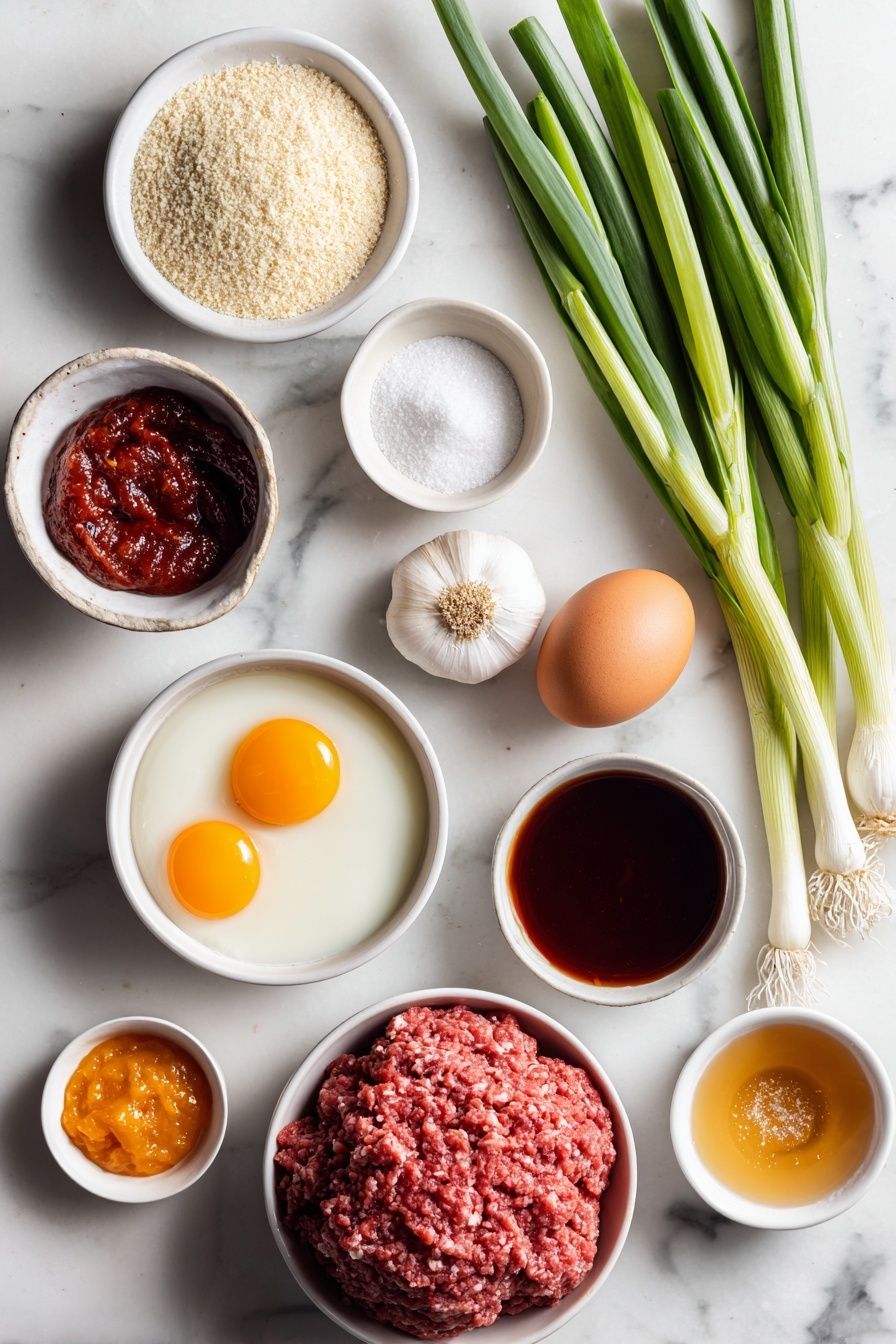 Korean Gochujang Meatballs, spicy meatball recipe, Korean-inspired meatballs, easy Asian meatballs, Gochujang meatball glaze - Flat lay of thinly sliced green onions neatly arranged, two whole garlic cloves with papery skin intact, one whole uncracked brown egg, a small white ceramic bowl filled with panko breadcrumbs, a small white bowl containing vibrant red gochujang Korean chili paste, fresh ginger root with rough skin partially peeled, a small white bowl with coarse kosher salt, a small white bowl with ground white pepper, a mound of fresh ground beef, a small white bowl holding golden canola oil, a small white bowl filled with bright orange apricot preserves, a small white bowl with clear rice vinegar, a small white bowl with dark soy sauce, a small white bowl of toasted sesame seeds, all arranged in perfect symmetry on a simple white ceramic background placed on a clean white marble surface, soft natural light, photo taken with an iPhone, professional food photography style, fresh ingredients, white ceramic bowls, no bottles, no duplicates, no utensils, no packaging --ar 2:3 --v 7 --p m7354615311229779997