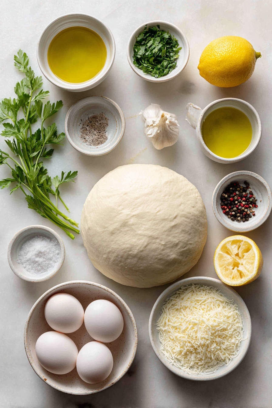 Lemon Mozzarella Pizza, lemon pizza recipe, fresh lemon pizza, easy lemon pizza, gourmet mozzarella pizza - Flat lay of a smooth, round ball of fresh pizza dough, a small white ceramic bowl of extra virgin olive oil, a small white ceramic bowl of clear water, a few bright green sprigs of chopped fresh parsley, one small garlic clove with its papery skin removed, a whole fresh lemon with a wedge cut to show juicy zest, a small white ceramic bowl holding fine salt, a small white ceramic bowl containing whole black peppercorns, a ball of fresh white mozzarella cheese, a small white ceramic bowl with grated pale yellow parmesan cheese, a small white ceramic bowl of fresh lemon juice, whole uncracked brown eggs not included (as recipe doesn’t call for eggs), all ingredients arranged symmetrically and balanced, placed on a clean white marble surface, soft natural light, photo taken with an iPhone, professional food photography style, fresh ingredients, white ceramic bowls, no bottles, no duplicates, no utensils, no packaging --ar 2:3 --v 7 --p m7354615311229779997