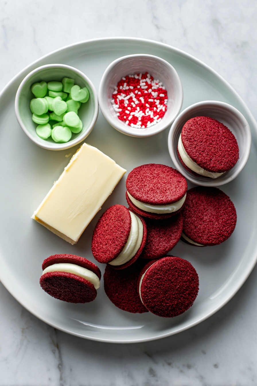 Grinch Oreo Balls with Red Velvet Cookies, festive holiday treats, Christmas dessert, easy holiday truffles, Grinch-themed candies - Flat lay of a small pile of whole Red Velvet Oreo cookies with their deep red and white cream centers visible in one opened cookie, a block of smooth cream cheese still in its shape, a small white bowl filled with vibrant green candy melts, and another small white bowl holding tiny red heart sprinkles, all arranged neatly with perfect symmetry on a simple white ceramic plate and bowls, placed on a clean white marble surface, soft natural light, photo taken with an iPhone, professional food photography style, fresh ingredients, white ceramic bowls, no bottles, no duplicates, no utensils, no packaging --ar 2:3 --v 7 --p m7354615311229779997