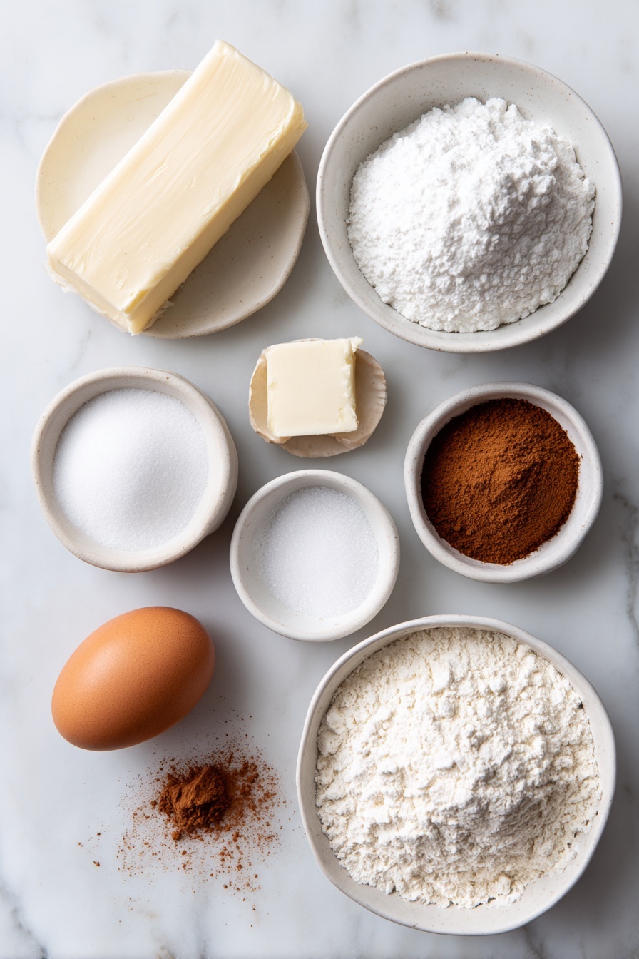 Cinnamon Cream Cheese Cookies, cinnamon sugar cookies, easy cream cheese cookies, soft cinnamon cookies, best cookie recipes - Flat lay of a small block of unsalted butter, a wedge of cream cheese with a fresh cut, a small mound of powdered sugar in a white ceramic bowl, one whole brown egg with a clean shell, a tiny white bowl containing fine white baking powder, a small white bowl with smooth vanilla bean paste, a pinch of kosher salt displayed loosely on the surface, a heap of pale all-purpose flour, a small white bowl filled with granulated sugar, and a small white bowl holding ground cinnamon, all arranged symmetrically on a clean white marble surface, soft natural light, photo taken with an iPhone, professional food photography style, fresh ingredients, white ceramic bowls, no bottles, no duplicates, no utensils, no packaging --ar 2:3 --v 7 --p m7354615311229779997