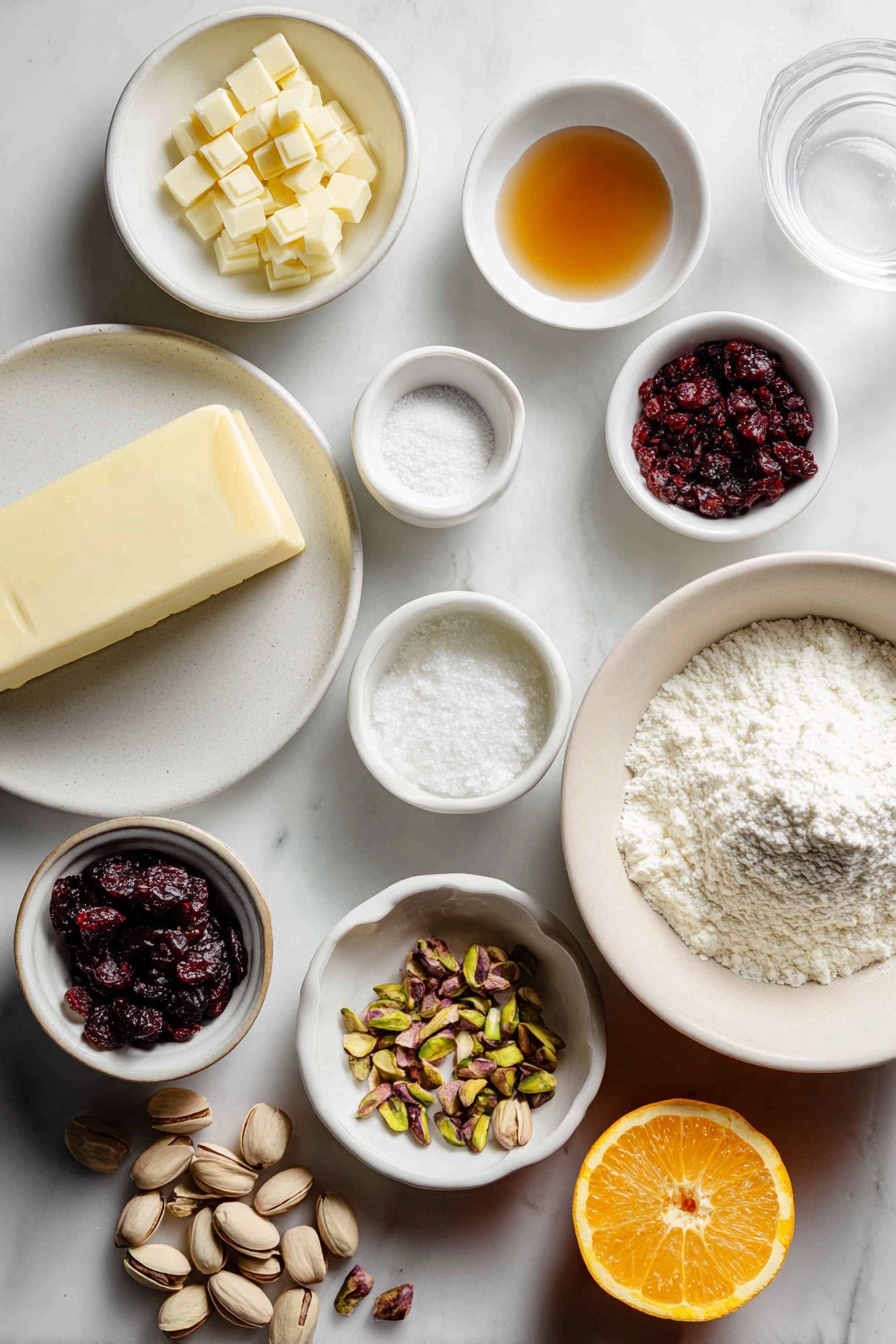 Cranberry Pistachio Shortbread Cookies, holiday shortbread cookies, easy shortbread recipe, festive cookies with cranberries and pistachios, buttery shortbread dessert - Flat lay of a stick of unsalted butter, a small mound of powdered sugar on a white ceramic plate, a tiny white bowl with vanilla extract, another tiny white bowl with almond extract, a white ceramic bowl filled with all-purpose flour, a small pile of coarse salt, a small white bowl with roughly chopped dried cranberries, a white bowl holding roughly chopped shelled pistachios, a fresh orange with a few strips of orange zest beside it on a white dish, a small white bowl containing chopped white chocolate, a small white bowl with coconut oil, placed on a clean white marble surface, soft natural light, photo taken with an iPhone, professional food photography style, fresh ingredients, white ceramic bowls, no bottles, no duplicates, no utensils, no packaging --ar 2:3 --v 7 --p m7354615311229779997