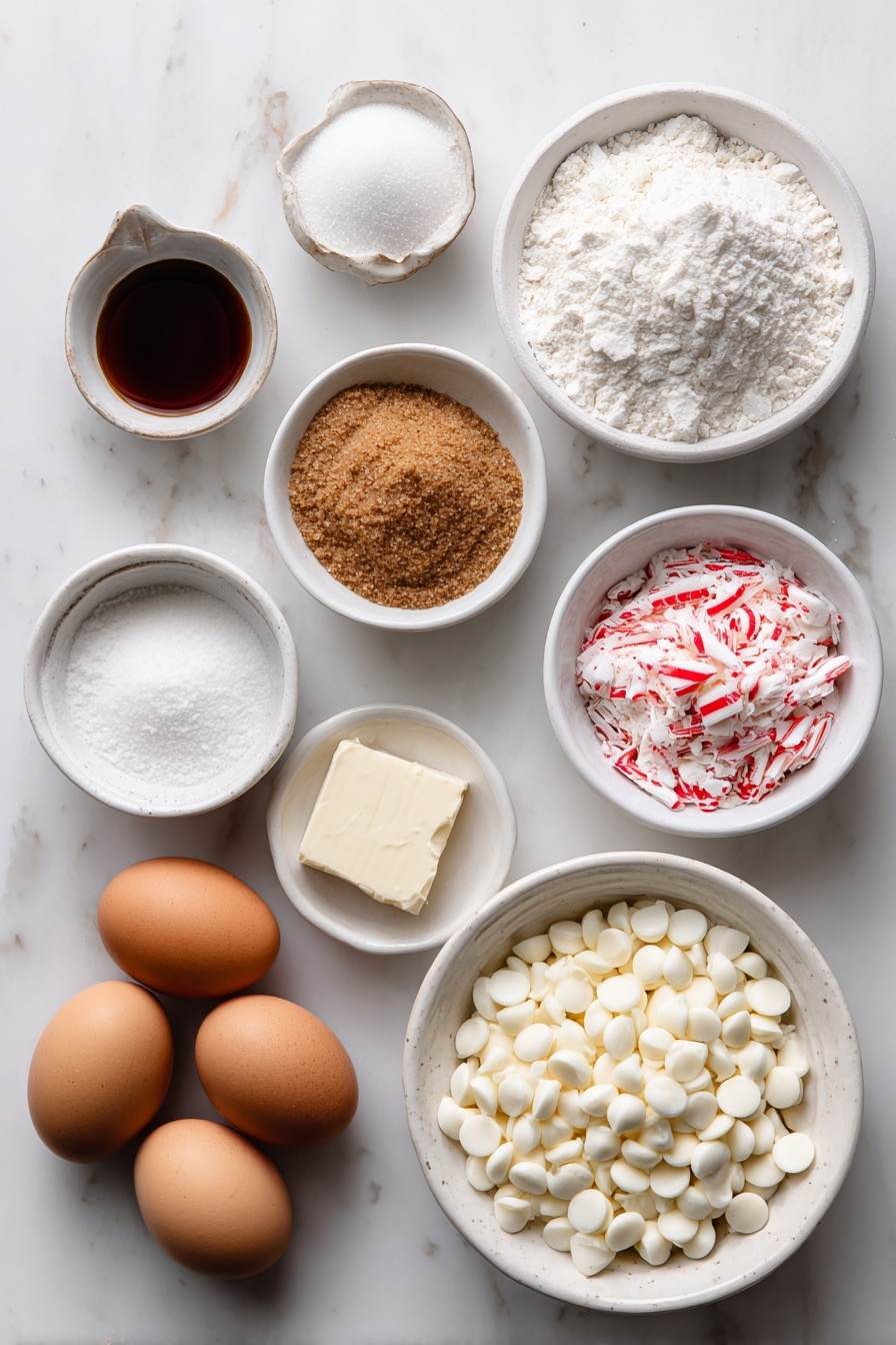 White Chocolate Candy Cane Cookies, holiday cookie recipes, mint chocolate cookies, Christmas cookie ideas, festive dessert recipes - Flat lay of a small pile of white granulated sugar, a small mound of packed brown sugar, a pat of softened butter, two whole brown eggs with clean shells, a small white bowl of vanilla extract, a small white bowl of baking powder, a small white bowl of salt, a heap of all-purpose flour, a small white bowl filled with finely crushed red and white candy canes, and a simple white ceramic bowl overflowing with white chocolate chips, all arranged with perfect symmetry and balanced proportions, placed on a clean white marble surface, soft natural light, photo taken with an iPhone, professional food photography style, fresh ingredients, white ceramic bowls, no bottles, no duplicates, no utensils, no packaging --ar 2:3 --v 7 --p m7354615311229779997