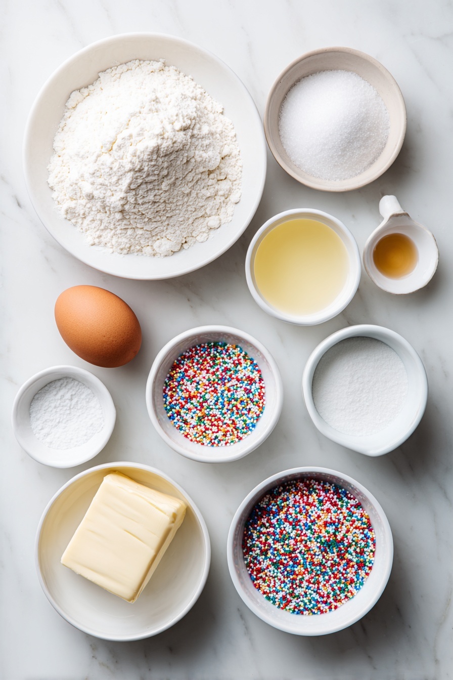 Soft Cut-Out Sugar Cookies, sugar cookies for decorating, buttery sugar cookie recipe, tender cut-out cookies, easy holiday sugar cookies - Flat lay of a small mound of all-purpose flour on a white ceramic plate, a small white bowl of granulated sugar, a large whole brown egg with a clean shell, a few tablespoons of softened unsalted butter shaped into a smooth pat, a small white bowl containing clear vanilla extract, a small white bowl with almond extract, a small white bowl of baking powder, a small white bowl of salt, and a small white ceramic bowl filled with assorted colorful sprinkles — all arranged symmetrically and balanced, placed on a clean white marble surface, soft natural light, photo taken with an iPhone, professional food photography style, fresh ingredients, white ceramic bowls, no bottles, no duplicates, no utensils, no packaging --ar 2:3 --v 7 --p m7354615311229779997