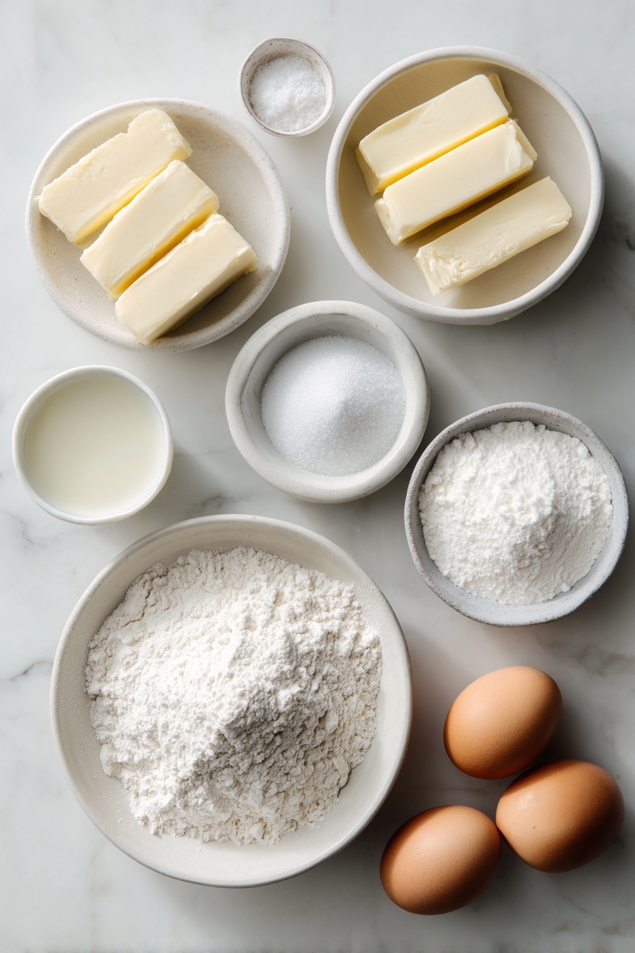 Best Sugar Cookie, sugar cookie recipe, easy sugar cookies, soft sugar cookies, holiday cookie ideas - Flat lay of a small mound of sifted all-purpose flour in a simple white ceramic bowl, a small white bowl filled with fine sea salt, a small white bowl with baking powder, three sticks of unsalted butter arranged neatly, a small white bowl holding granulated sugar, two large whole brown eggs with clean shells, a small white bowl of clear pure vanilla extract, and an extra small white bowl containing granulated sugar for rolling, all placed on a clean white marble surface, soft natural light, photo taken with an iPhone, professional food photography style, fresh ingredients, white ceramic bowls, no bottles, no duplicates, no utensils, no packaging --ar 2:3 --v 7 --p m7354615311229779997