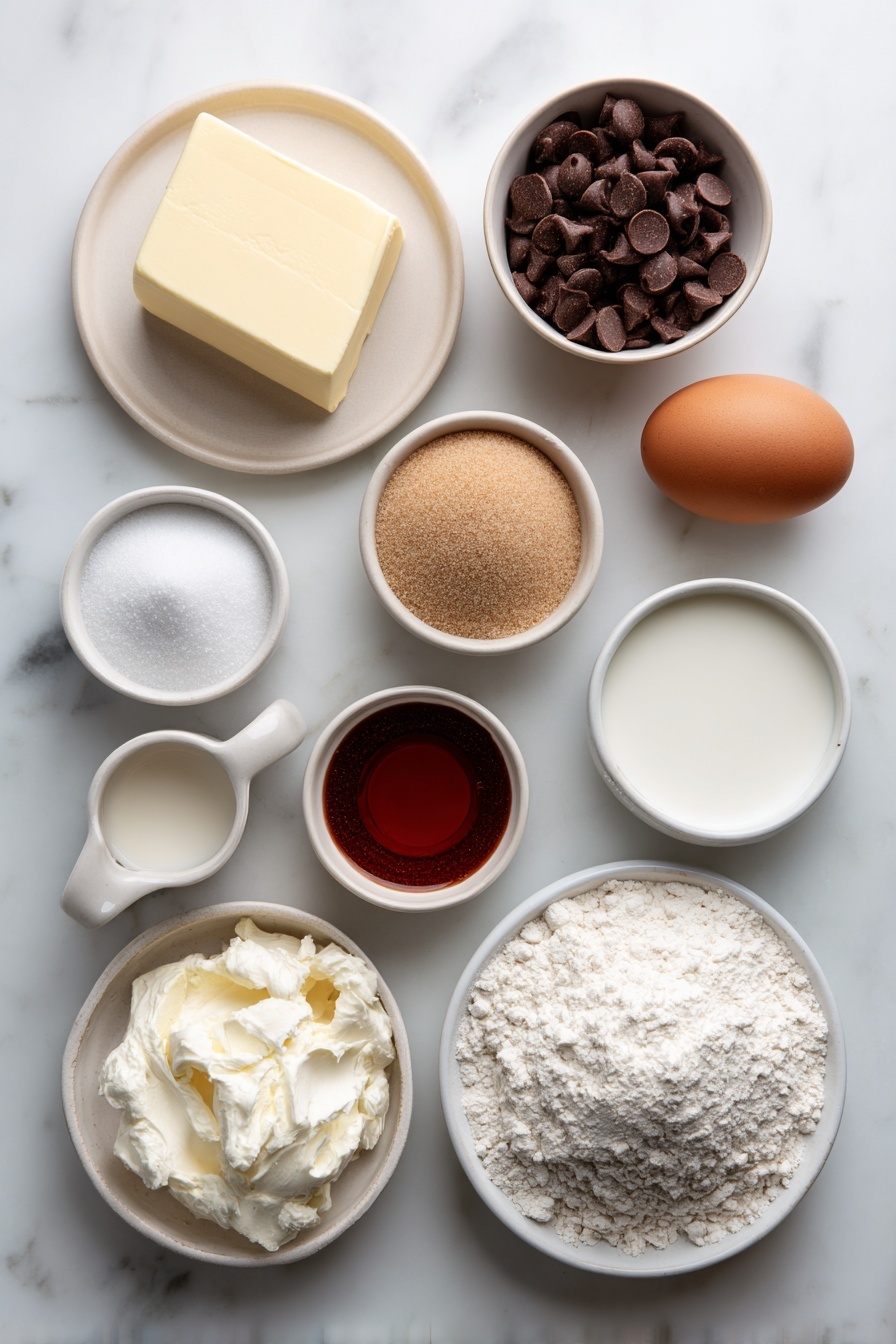 Red Velvet Sandwich Cookies, red velvet cookies, sandwich cookies with cream cheese frosting, chocolate red velvet cookies, easy red velvet cookie recipe - Flat lay of a small white ceramic bowl of unsalted butter, a small white bowl filled with packed light brown sugar, a small white bowl of granulated sugar, one whole uncracked brown egg, a small white bowl with dark cocoa powder, a simple pile of all-purpose flour on white ceramic plate, a small white bowl of milk chocolate chips, a small white bowl of cream cheese, a small white bowl of powdered sugar, a small white bowl of milk, a few drops of red gel food color on white ceramic dish, all arranged in perfect symmetry, placed on a clean white marble surface, soft natural light, photo taken with an iPhone, professional food photography style, fresh ingredients, white ceramic bowls, no bottles, no duplicates, no utensils, no packaging --ar 2:3 --v 7 --p m7354615311229779997