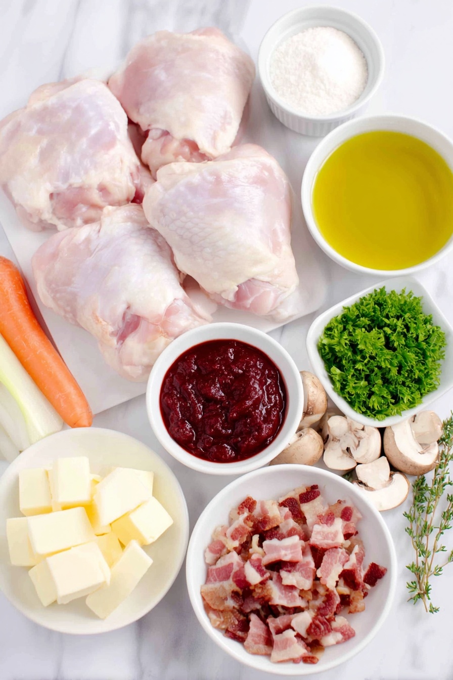 Coq au Vin, Coq au Vin with Chicken and Red Wine, French Chicken Stew, Classic French Coq au Vin, Hearty Chicken and Wine Dish - Flat lay of fresh bone-in, skin-on chicken thighs and drumsticks arranged neatly, a small pile of diced slab bacon pieces, one large yellow onion chopped into chunks, two peeled carrots cut diagonally into 1-inch pieces, four whole cloves of garlic, a small white bowl with deep red tomato paste, a small white bowl of all-purpose flour, a few fresh sprigs of thyme tied together, one fresh bay leaf, a small white bowl filled with clear golden vegetable oil, a small white bowl of unsalted butter cubes, a small white bowl of chicken stock, a small white bowl holding peeled pearl onions, a small mound of sliced cremini mushrooms, and a small heap of chopped fresh parsley—all presented on simple white ceramic bowls and plates, perfectly balanced and symmetrical, placed on a clean white marble surface, soft natural light, photo taken with an iPhone, professional food photography style, fresh ingredients, white ceramic bowls, no bottles, no duplicates, no utensils, no packaging --ar 2:3 --v 7 --p m7354615311229779997