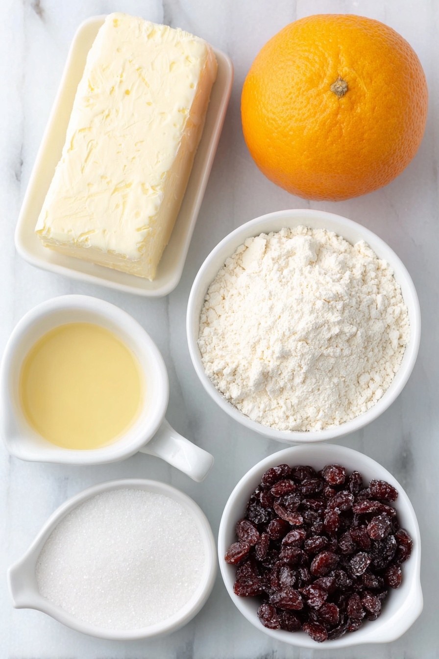 Cranberry Orange Shortbread Cookies, holiday shortbread cookies, citrus cranberry cookies, easy shortbread recipes, festive cookie ideas - Flat lay of a small mound of fine caster sugar stained with fresh orange zest, one whole bright orange with smooth skin, a slab of pale unsalted butter with a creamy texture, a small white ceramic bowl of pure vanilla extract, a neat heap of plain all-purpose flour, a small pile of plump dried cranberries finely chopped, a small white ceramic bowl filled with powdered icing sugar, a small white ceramic bowl holding freshly squeezed orange juice, and a small white ceramic bowl of melted unsalted butter, all arranged in perfect symmetry and placed on a clean white marble surface, soft natural light, photo taken with an iPhone, professional food photography style, fresh ingredients, white ceramic bowls, no bottles, no duplicates, no utensils, no packaging --ar 2:3 --v 7 --p m7354615311229779997