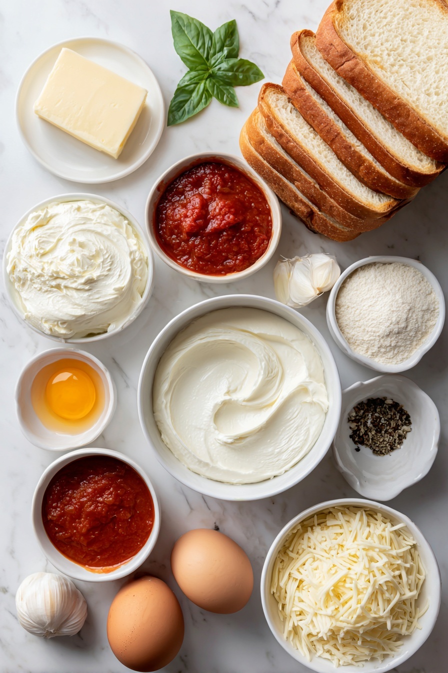 Cheese and Tomato Soup Bake, tomato soup bake, cheesy baked tomato soup, comfort food casserole, easy tomato soup dinner - Flat lay of a small white ceramic bowl of smooth reduced-fat cream cheese, a few dried basil leaves scattered beside it, six slices of thick Italian bread stacked neatly, six slices of fresh part-skim mozzarella cheese arranged in a perfect row, a small white bowl of softened golden butter, a small white bowl filled with vibrant red tomato paste, one fresh peeled garlic clove, a small white bowl of coarse salt, a small white bowl of cracked black peppercorns, a small white bowl of creamy 2% milk, two whole uncracked brown eggs, and a small white bowl of shredded Italian cheese blend, all ingredients fresh and natural, perfectly symmetrical on a clean white marble surface, soft natural light, photo taken with an iPhone, professional food photography style, fresh ingredients, white ceramic bowls, no bottles, no duplicates, no utensils, no packaging --ar 2:3 --v 7 --p m7354615311229779997