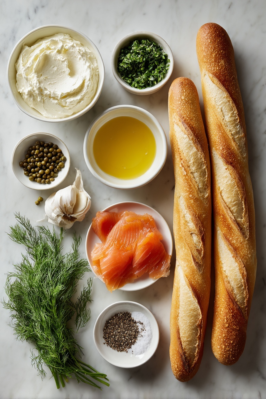 Smoked Salmon Crostini, smoked salmon appetizer, easy party appetizers, elegant canapés, seafood crostini - Flat lay of a fresh whole baguette, several golden toasted baguette slices arranged neatly, a small white ceramic bowl of softened cream cheese, a small white bowl with freshly squeezed lemon juice, a small white bowl of chopped fresh dill, one whole garlic clove unpeeled, a small white bowl containing capers, a few sprigs of fresh dill, thin folded slices of cold smoked salmon, and a small white bowl with freshly cracked black pepper, all placed on a clean white marble surface, soft natural light, photo taken with an iPhone, professional food photography style, fresh ingredients, white ceramic bowls, no bottles, no duplicates, no utensils, no packaging --ar 2:3 --v 7 --p m7354615311229779997