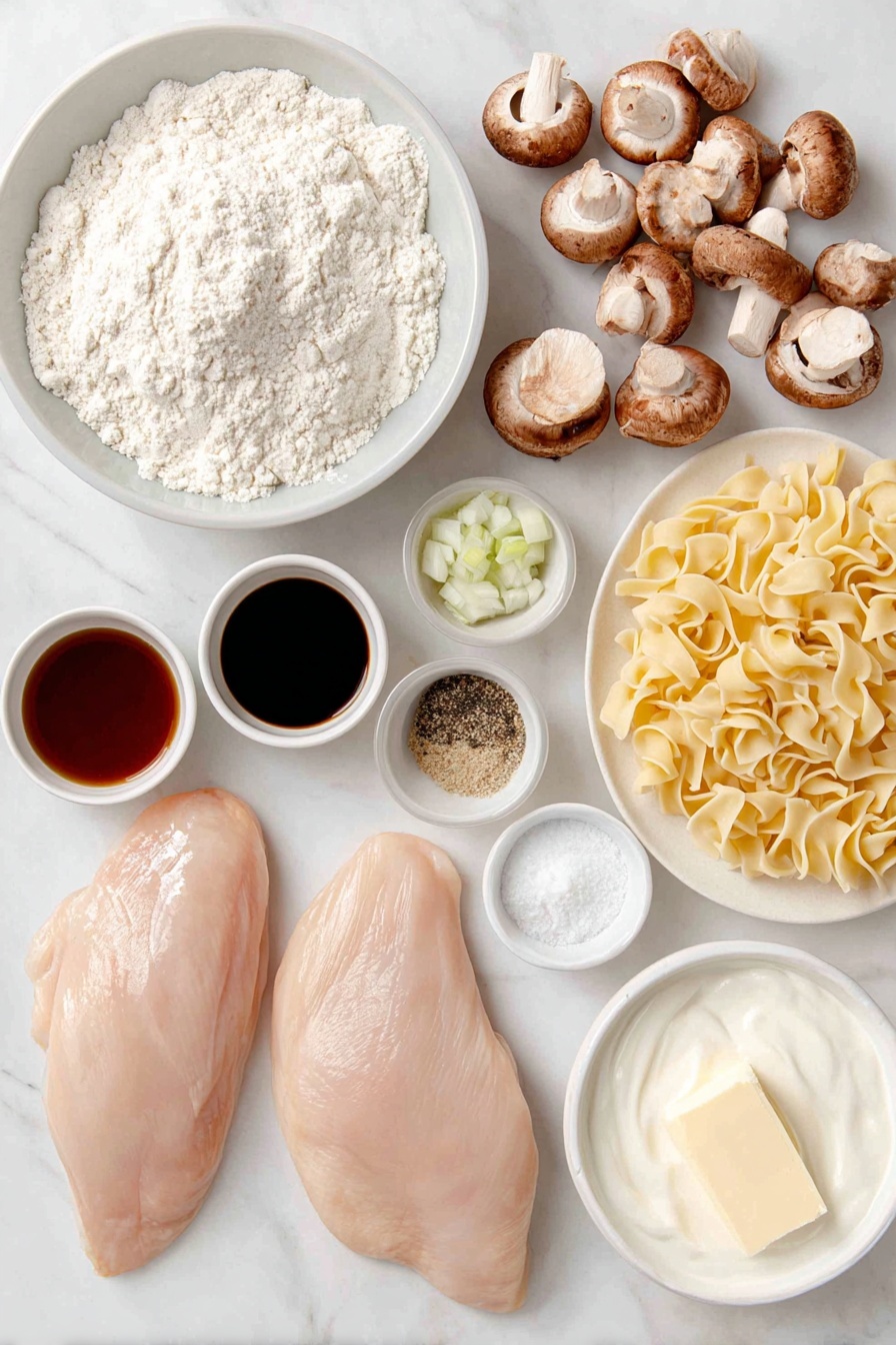 Creamy Chicken Stroganoff, chicken stroganoff recipe, easy chicken stroganoff, weeknight dinner ideas, comforting mushroom chicken - Flat lay of two boneless skinless chicken breasts, a small mound of all-purpose flour in a white ceramic bowl, three whole brown garlic cloves, a small white bowl with olive oil, a pat of butter on a white ceramic dish, a cluster of sliced cremini mushrooms, one small chopped yellow onion on a white plate, a small white bowl of dry mustard powder, a small white bowl of Worcestershire sauce, a small white bowl of chicken broth, a small white bowl of sour cream, a generous nest of fresh egg noodles, salt and freshly ground black pepper in small white bowls, arranged in perfect symmetry and balanced proportions, placed on a clean white marble surface, soft natural light, photo taken with an iPhone, professional food photography style, fresh ingredients, white ceramic bowls, no bottles, no duplicates, no utensils, no packaging --ar 2:3 --v 7 --p m7354615311229779997