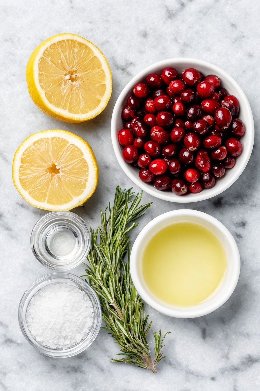 Holiday Lemon Drop Cocktail, festive lemon drop drink, holiday cocktail recipes, cranberry lemon cocktail, easy holiday drinks - Flat lay of a whole fresh lemon cut in half showing juicy pulp, a small white ceramic bowl filled with bright red cranberries, a single vibrant green rosemary sprig, a small white ceramic bowl with fine sparkling white sugar, a small white ceramic bowl containing clear simple syrup, a small white ceramic bowl holding deep pink cranberry juice, a small white ceramic bowl with pale yellow freshly squeezed lemon juice, and a small white ceramic bowl filled with clear vodka, all arranged in perfect symmetry and balanced proportions on a clean white marble surface, soft natural light, photo taken with an iPhone, professional food photography style, fresh ingredients, white ceramic bowls, no bottles, no duplicates, no utensils, no packaging --ar 2:3 --v 7 --p m7354615311229779997