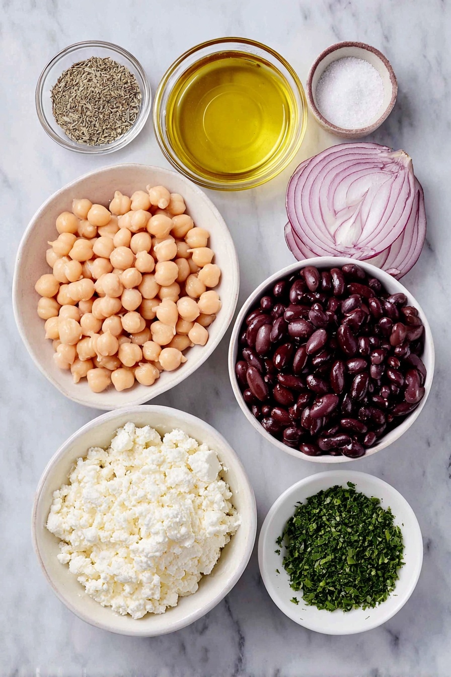 Chickpea Black Bean Salad, Chickpea Black Bean Salad recipe, healthy chickpea black bean salad, easy vegetarian bean salad, protein-rich bean salad - Flat lay of a small white ceramic bowl of rinsed and drained chickpeas, a small white ceramic bowl of rinsed and drained black beans, a small white ceramic bowl of golden olive oil, a small white ceramic bowl of deep red wine vinegar, a small white ceramic bowl with dried oregano, a small white ceramic bowl with salt, a small white ceramic bowl with black pepper, half a fresh red onion thinly sliced, a small white ceramic bowl of crumbled fresh white feta cheese, a small white ceramic bowl of chopped fresh green parsley placed on a clean white marble surface, soft natural light, photo taken with an iPhone, professional food photography style, fresh ingredients, white ceramic bowls, no bottles, no duplicates, no utensils, no packaging --ar 2:3 --v 7 --p m7354615311229779997