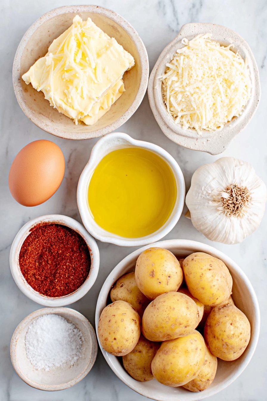 Cheese Crusted Yukon Gold Potatoes, crispy cheesy potato side dish, baked Yukon Gold potatoes with cheese crust, flavorful potato recipes, cheesy roasted potatoes - Flat lay of small whole Yukon Gold potatoes with smooth golden skin, a small mound of finely grated aged Manchego cheese with a pale yellow hue, a small white ceramic bowl filled with extra virgin olive oil glistening with a rich golden color, a small white bowl holding bright red smoked paprika powder, a whole rustic head of garlic with white papery skin, a small white bowl containing whole uncracked brown egg, a tiny lemon wedge with vibrant yellow flesh, a small white bowl of fine seasoned salt crystals, and a small white bowl of deep reddish chipotle powder, all arranged symmetrically on a clean white marble surface, soft natural light, photo taken with an iPhone, professional food photography style, fresh ingredients, white ceramic bowls, no bottles, no duplicates, no utensils, no packaging --ar 2:3 --v 7 --p m7354615311229779997