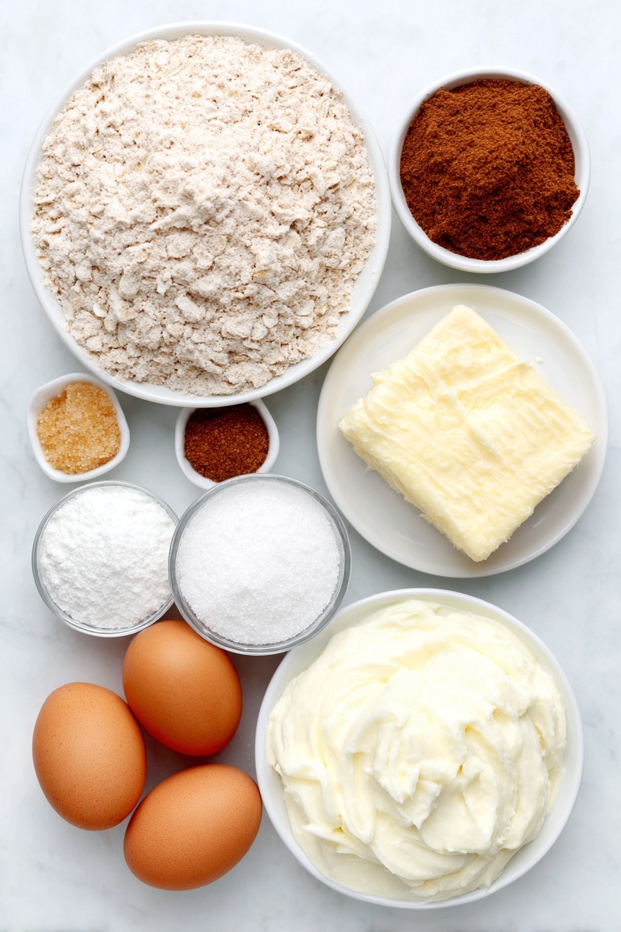 Healthy Greek Yogurt Pancakes, healthy breakfast recipes, protein pancakes, nutritious pancake recipe, easy healthy breakfast - Flat lay of a small white ceramic bowl of light brown oat flour, a small white ceramic bowl of pale all-purpose flour, a small white ceramic bowl of golden granulated sugar, a small white ceramic bowl of fine sea salt, a small white ceramic bowl of cinnamon powder, two whole uncracked brown eggs, a small white ceramic bowl of creamy vanilla Greek yogurt, a small white ceramic bowl of golden milk, a small white ceramic bowl of white baking powder, a small white ceramic bowl of pale baking soda, a few green sticks of fresh vanilla, a small piece of golden salted butter placed on a simple white ceramic dish, all ingredients arranged symmetrically and looking fresh and natural placed on a clean white marble surface, soft natural light, photo taken with an iPhone, professional food photography style, fresh ingredients, white ceramic bowls, no bottles, no duplicates, no utensils, no packaging --ar 2:3 --v 7 --p m7354615311229779997