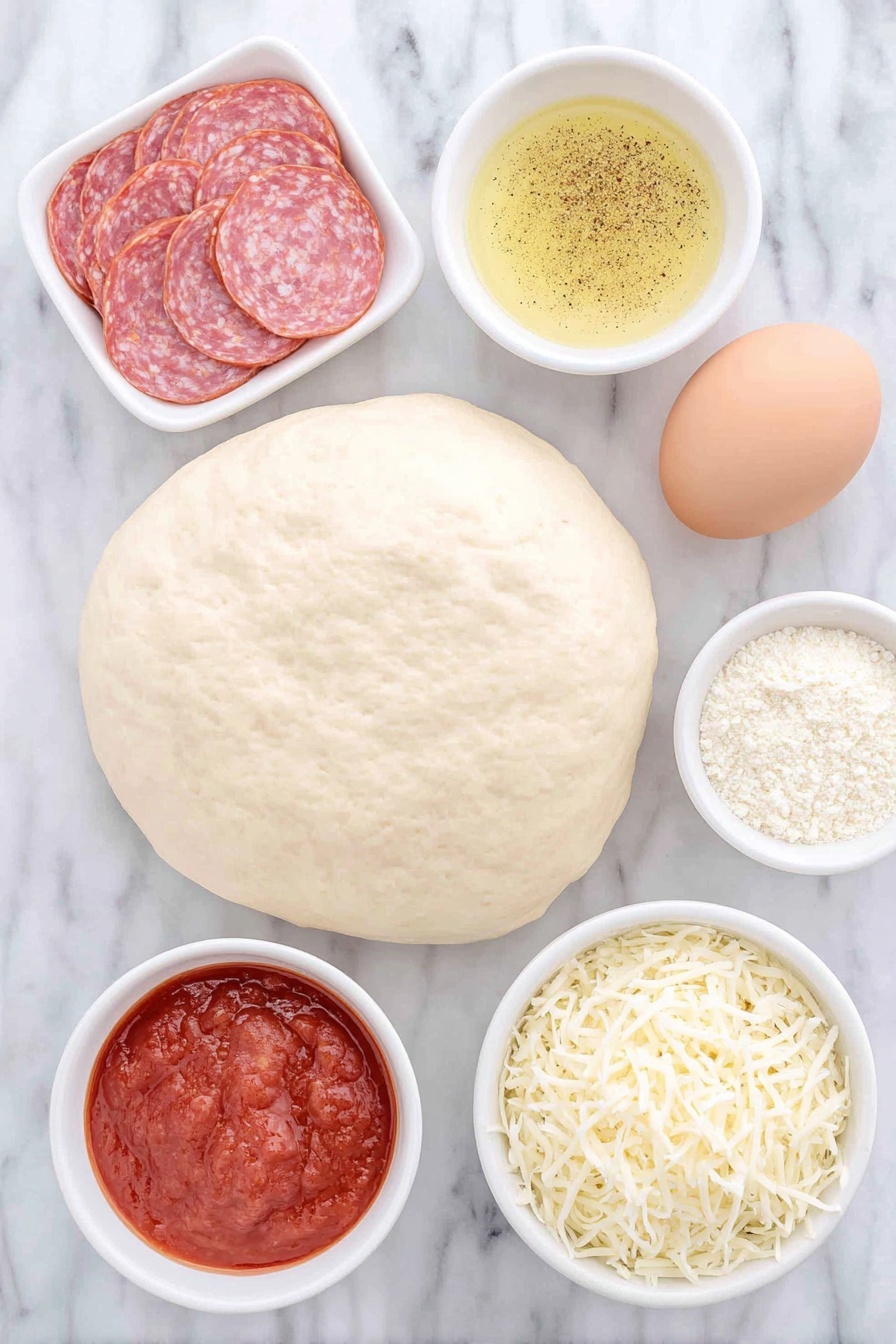 Cheesy Pepperoni Rolls with Marinara, pepperoni baked rolls, cheesy pizza rolls, garlic Italian seasoning bread, easy appetizer recipes - Flat lay of a small rectangle of fresh raw pizza dough, a small white bowl with melted golden butter mixed with Italian seasoning and garlic powder, a neat pile of bright red pepperoni slices, a small mound of shredded white mozzarella cheese, a single whole brown egg with a clean shell, a small white bowl with finely grated pale parmesan cheese, a small white bowl filled with rich red marinara sauce, all ingredients arranged symmetrically on a clean white marble surface, soft natural light, photo taken with an iPhone, professional food photography style, fresh ingredients, white ceramic bowls, no bottles, no duplicates, no utensils, no packaging --ar 2:3 --v 7 --p m7354615311229779997