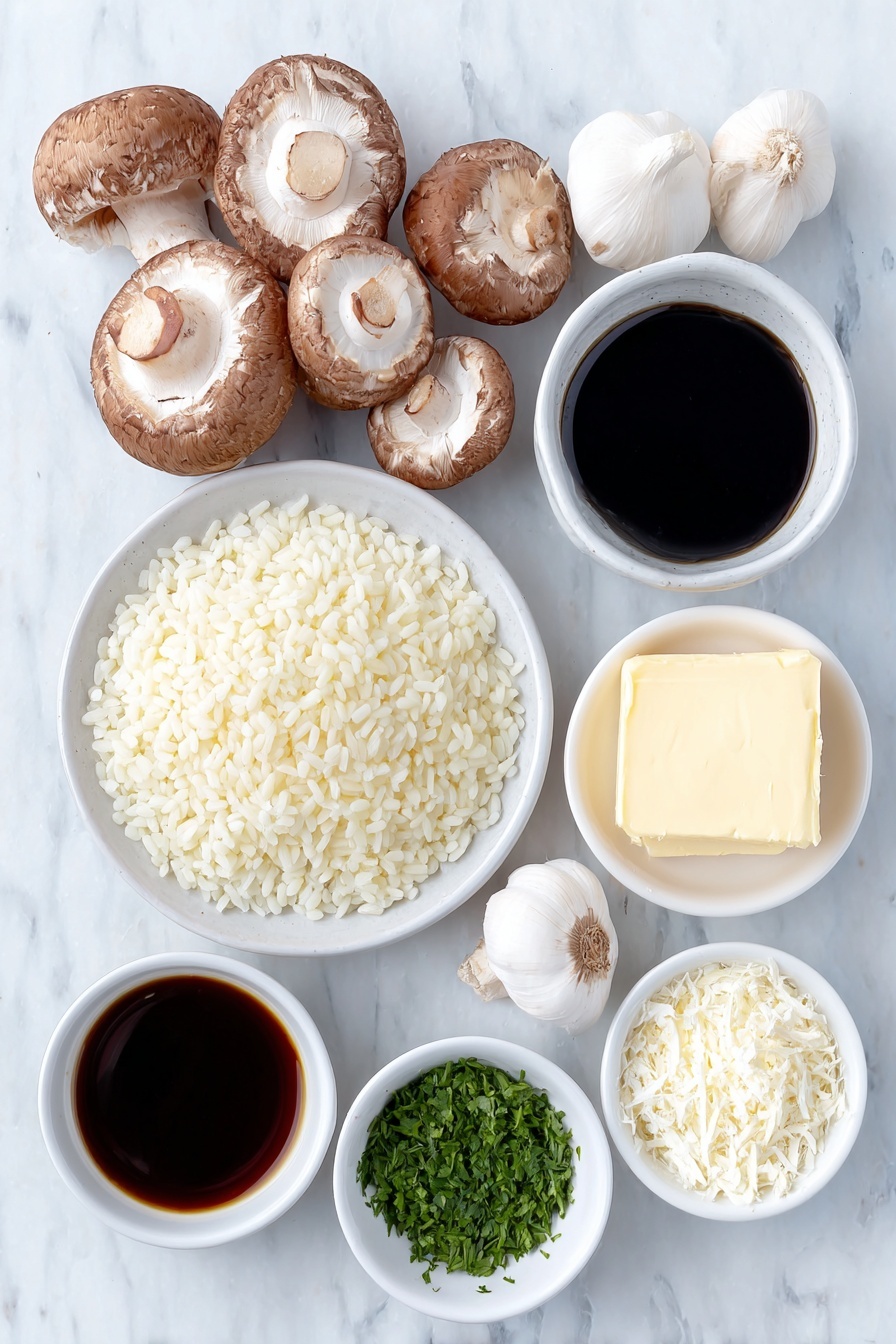 Pressure Cooker Mushroom Risotto, quick mushroom risotto, creamy mushroom risotto, easy pressure cooker recipes, vegetarian pressure cooker dishes - Flat lay of a small white ceramic bowl of extra-virgin olive oil, thickly sliced brown button mushrooms, a medium yellow onion finely chopped on a white ceramic plate, two whole uncracked medium garlic cloves, a small white ceramic bowl of Arborio risotto rice, a small white ceramic bowl of dry white wine, a small white ceramic bowl of soy sauce, a small white ceramic bowl of vegetable broth, a small white ceramic bowl of finely grated Parmesan cheese, two tablespoons of cold butter on a small white ceramic plate, and a handful of finely minced fresh parsley placed on a clean white marble surface, soft natural light, photo taken with an iPhone, professional food photography style, fresh ingredients, white ceramic bowls, no bottles, no duplicates, no utensils, no packaging --ar 2:3 --v 7 --p m7354615311229779997