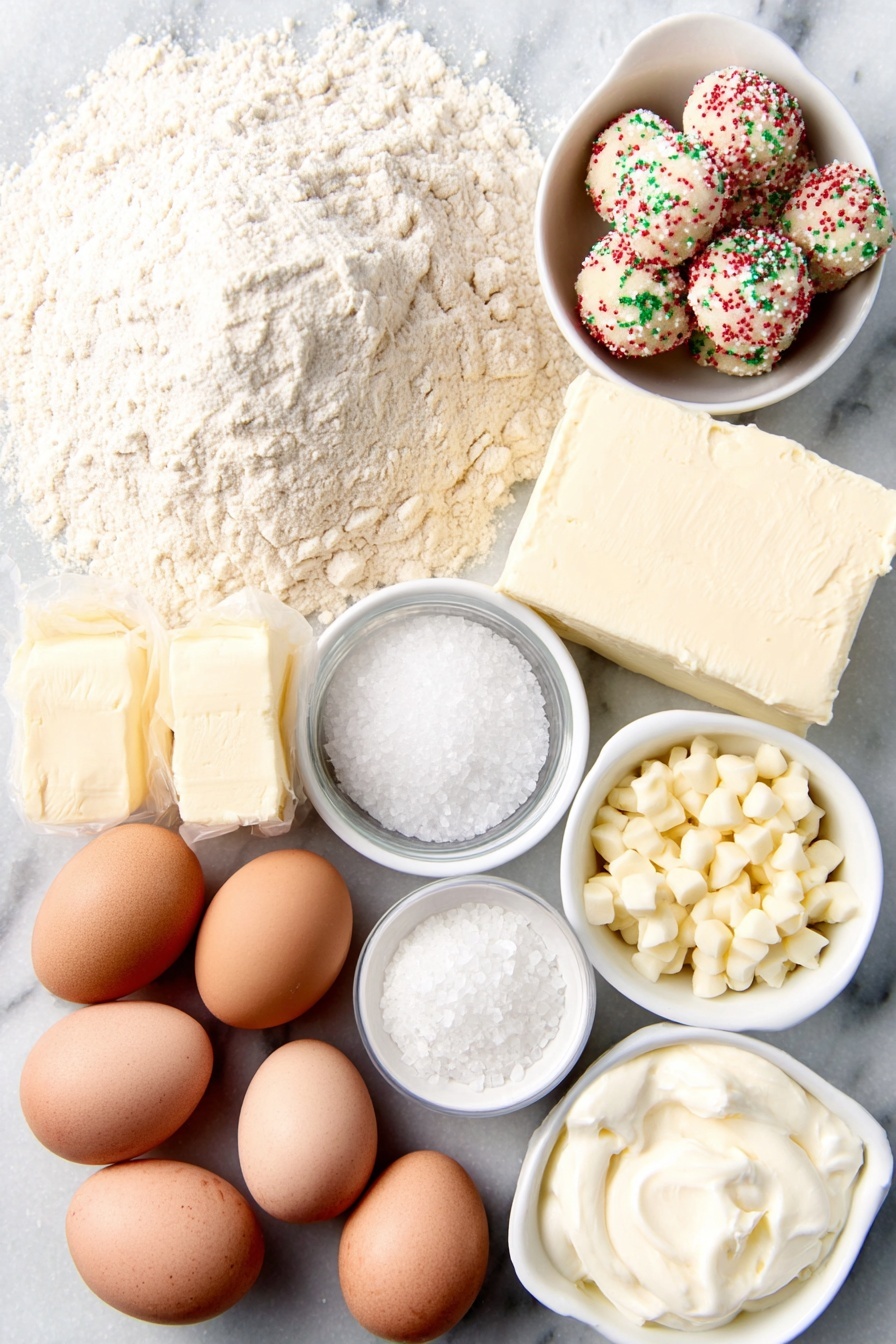 Sugar Cookie Cheesecake with Cookie Dough Bites, cookie dough bites recipe, no-bake cheesecake with cookies, festive dessert ideas, creamy cheesecake with cookie toppings - Flat lay of a small mound of all-purpose flour, a small heap of fine white granulated sugar, a smooth stick of unsalted butter, a few Christmas jimmie sprinkles in vibrant red, green, and white colors, a handful of tiny round cookie dough balls speckled with sprinkles, whole large brown eggs with clean shells, a block of creamy white cream cheese, a small white ceramic bowl of sour cream, a smaller white ceramic bowl of heavy cream, a small white ceramic bowl of pure vanilla extract, a small white ceramic bowl of white chocolate chips, a small white ceramic bowl of milk, a small white ceramic bowl of baking soda, a tiny pile of salt crystals placed next to each other, all arranged neatly and symmetrically on a clean white marble surface, soft natural light, photo taken with an iPhone, professional food photography style, fresh ingredients, white ceramic bowls, no bottles, no duplicates, no utensils, no packaging --ar 2:3 --v 7 --p m7354615311229779997