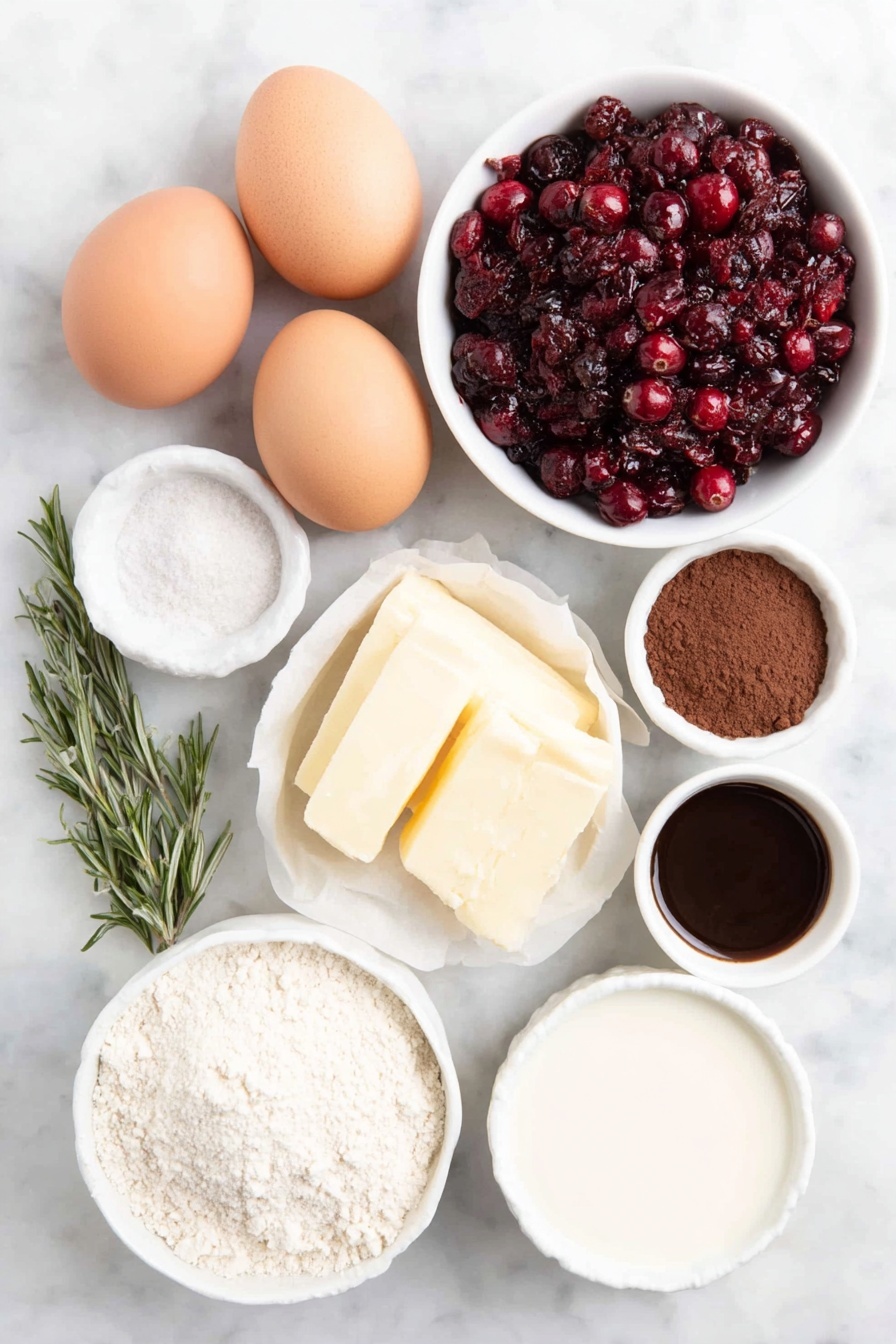 Festive Chocolate Yule Log with Cream Filling, holiday chocolate dessert, Christmas yule log recipe, elegant holiday cake, chocolate roulade recipe - Flat lay of four large brown eggs with clean shells, a small white ceramic bowl of granulated sugar, a small white bowl of all-purpose flour, a small white bowl of rich brown cocoa powder, a small white bowl of baking powder, a small white bowl of salt, a small white bowl of vanilla extract, a small white bowl of heavy cream, a small white bowl of powdered sugar, a small white bowl of softened unsalted butter, a small white bowl of milk or cream, fresh bright red cranberries scattered naturally, a few fresh green rosemary sprigs, and delicate edible mushrooms arranged neatly, placed on a clean white marble surface, soft natural light, photo taken with an iPhone, professional food photography style, fresh ingredients, white ceramic bowls, no bottles, no duplicates, no utensils, no packaging --ar 2:3 --v 7 --p m7354615311229779997