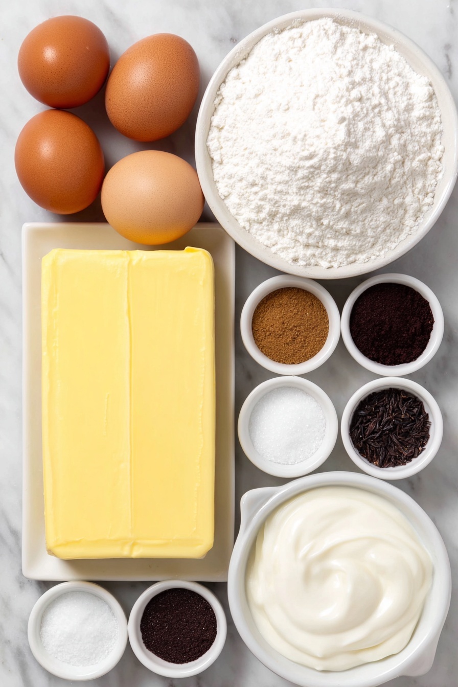 Gingerbread Sandwich Cookies with Vanilla Frosting, holiday gingerbread cookies, spiced sandwich cookies, homemade gingerbread treats, festive frosting cookies - Flat lay of a stick of unsalted butter with a creamy yellow surface, two brown eggs with smooth clean shells, small mound of dark glossy molasses, a neat pile of all-purpose flour, small white ceramic bowls containing ground ginger, ground cinnamon, ground nutmeg, ground cloves, fine salt, granulated sugar, and powdered sugar, a few vanilla beans with a dark shiny exterior, and a small white bowl with heavy cream—all arranged symmetrically on a clean white marble surface, soft natural light, photo taken with an iPhone, professional food photography style, fresh ingredients, white ceramic bowls, no bottles, no duplicates, no utensils, no packaging --ar 2:3 --v 7 --p m7354615311229779997