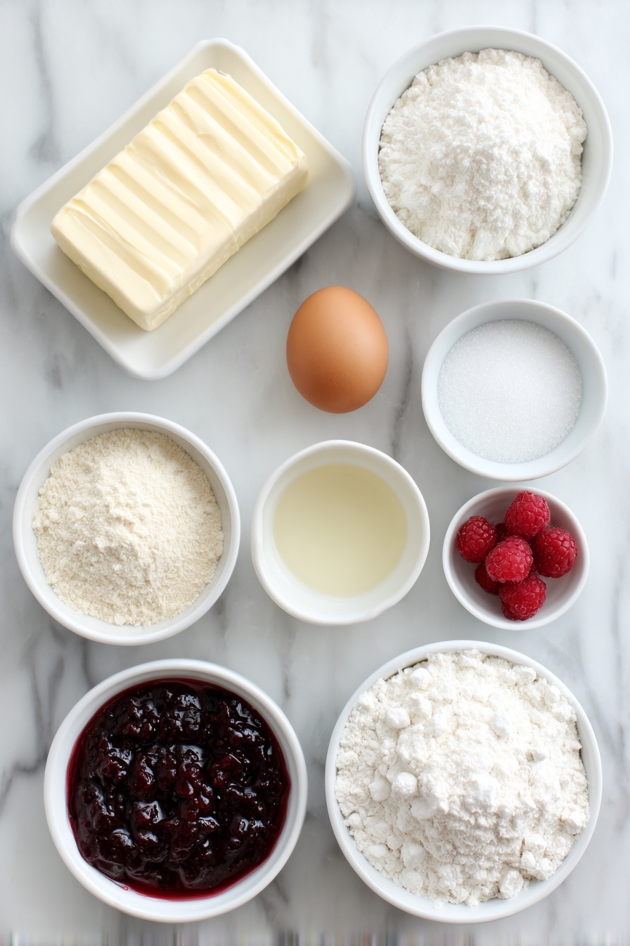 Raspberry Linzer Cookies, raspberry filled sandwich cookies, homemade Linzer cookies, buttery almond cookies, festive holiday cookies - Flat lay of a small block of unsalted butter, a small mound of granulated sugar, one whole uncracked brown egg, a small white bowl of pale almond extract, a small white bowl of clear vanilla extract, a small white bowl of all-purpose flour, a small white bowl of superfine almond meal, a small white bowl of cornstarch, a pinch of fine salt displayed as loose grains, a small white bowl filled with vibrant red raspberry jam, and a small white bowl dusted with fine powdered sugar, all arranged symmetrically on a clean white marble surface, soft natural light, photo taken with an iPhone, professional food photography style, fresh ingredients, white ceramic bowls, no bottles, no duplicates, no utensils, no packaging --ar 2:3 --v 7 --p m7354615311229779997