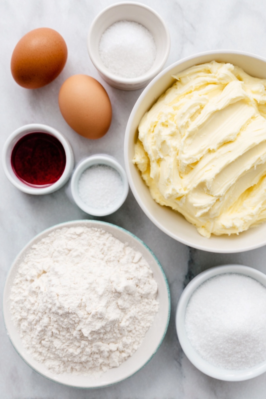 Peppermint Swirl Sugar Cookies, Christmas peppermint cookies, holiday sugar cookies, mint-flavored cookies, festive peppermint treats - Flat lay of a large white ceramic bowl filled with pale yellow unsalted butter, a small white ceramic bowl of granulated sugar, two whole brown eggs with clean shells, a small white ceramic bowl of white all-purpose flour, a small white ceramic bowl of fine white cornstarch, a small white ceramic bowl of fine salt crystals, a small white ceramic bowl of white baking soda powder, a small white ceramic bowl containing bright red gel food coloring, and a small white ceramic bowl filled with white sanding sugar, all ingredients fresh and natural, perfectly arranged with balanced layout and symmetry placed on a clean white marble surface, soft natural light, photo taken with an iPhone, professional food photography style, fresh ingredients, white ceramic bowls, no bottles, no duplicates, no utensils, no packaging --ar 2:3 --v 7 --p m7354615311229779997