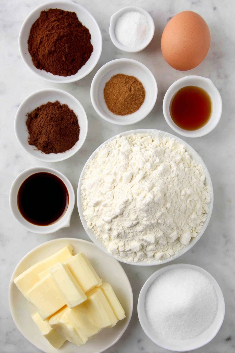 Gingerbread Men Cookies, holiday cookies recipe, Christmas cookie ideas, homemade gingerbread cookies, festive gingerbread treats - Flat lay of a small mound of all purpose flour on a simple white ceramic plate, a small white bowl with ground ginger powder, a small white bowl with ground cinnamon powder, a small white bowl with ground cloves powder, a small white bowl with ground nutmeg powder, a small white bowl with ground allspice powder, a small white bowl with baking soda powder, a small white bowl with salt crystals, a few slices of unsalted butter at room temperature arranged neatly on a white ceramic dish, a small white bowl filled with dark brown sugar, a small white bowl with vanilla extract, a small white bowl with rich amber unsulphured molasses, one large whole uncracked egg with a clean shell placed beside the bowls, all ingredients evenly spaced and symmetrically arranged, placed on a clean white marble surface, soft natural light, photo taken with an iPhone, professional food photography style, fresh ingredients, white ceramic bowls, no bottles, no duplicates, no utensils, no packaging --ar 2:3 --v 7 --p m7354615311229779997