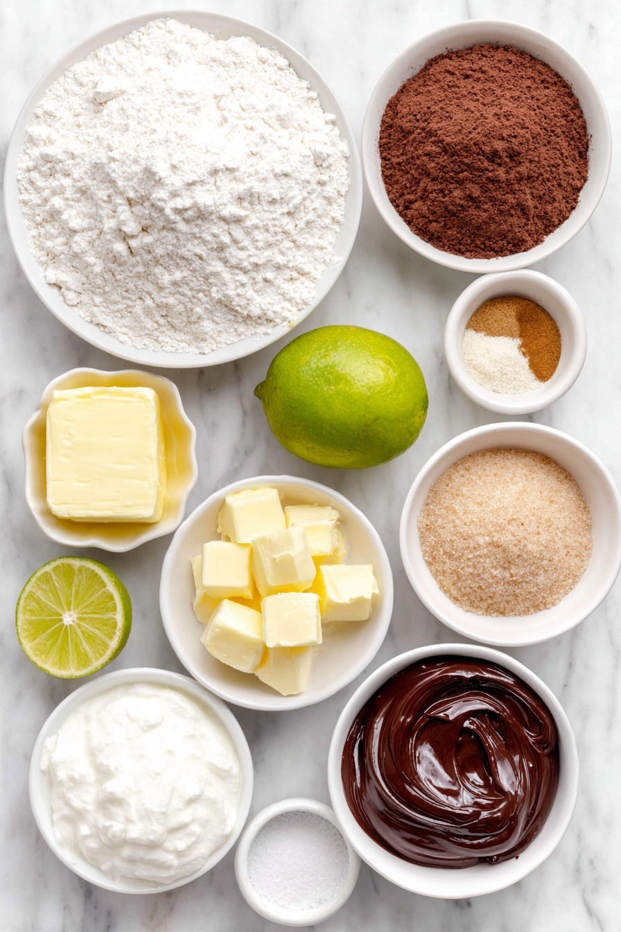 Gingerbread Cookie Log, holiday cookie log, festive gingerbread treats, Nutella lime cookies, seasonal cookie recipes - Flat lay of a small heap of natural all-purpose flour in a small white ceramic bowl, a tiny white bowl with ground cinnamon powder, a small white bowl with ground ginger powder, a pinch of salt in a white ceramic dish, a small white bowl of baking powder, a small white bowl filled with golden light corn syrup, a small white bowl with packed light brown sugar, a small white bowl holding soft pale margarine, a whole fresh bright green lime, a small white bowl of smooth white cream cheese, a small white bowl with glossy dark hazelnut chocolate spread (Nutella), and a small white bowl of fine powdered sugar, all arranged symmetrically and balanced on a clean white marble surface, soft natural light, photo taken with an iPhone, professional food photography style, fresh ingredients, white ceramic bowls, no bottles, no duplicates, no utensils, no packaging --ar 2:3 --v 7 --p m7354615311229779997