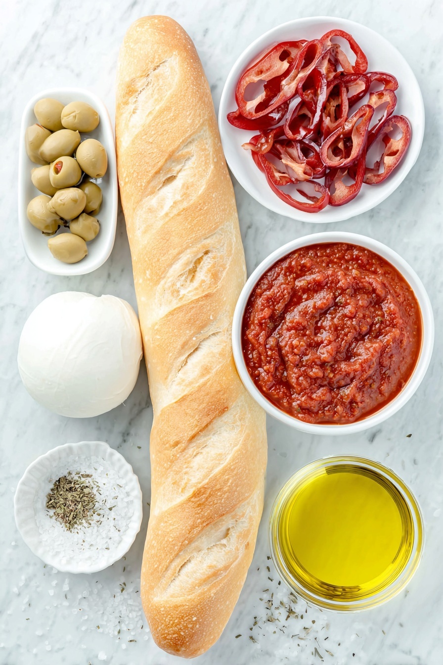 Cheese and Tomato Baguette Pizza, easy baguette pizza, quick snack recipes, healthy appetizer ideas, cheesy tomato baguette dish - Flat lay of a fresh crispy French baguette whole, a small white ceramic bowl of smooth bright red pureed tomatoes, half a vibrant red bell pepper sliced into thin strips, a few thin slices of green olives arranged neatly, a whole ball of fresh white mozzarella cheese, a small white bowl filled with golden extra virgin olive oil, a small white bowl with dried oregano flakes, a few grains of coarse salt scattered artistically, all placed on a clean white marble surface, soft natural light, photo taken with an iPhone, professional food photography style, fresh ingredients, white ceramic bowls, no bottles, no duplicates, no utensils, no packaging --ar 2:3 --v 7 --p m7354615311229779997