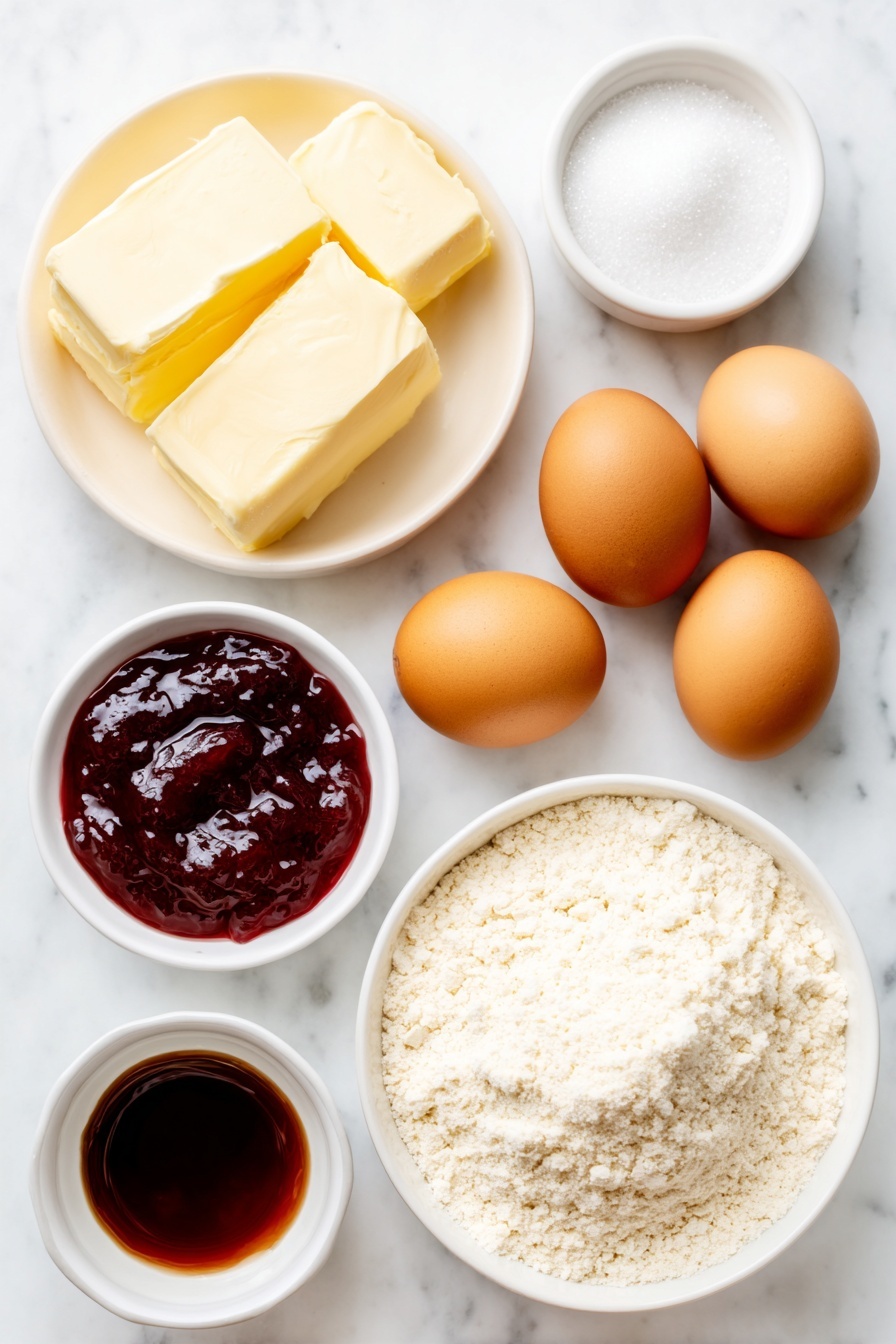 Thumbprint Cookies with Jam, easy thumbprint cookie recipe, fruity thumbprint cookies, homemade jam cookies, soft buttery cookies - Flat lay of a small pile of soft unsalted butter, a small white bowl filled with granulated sugar, two whole brown eggs with clean shells, a small white bowl of pure vanilla extract, a few grains of salt scattered beside a mound of all-purpose flour, and a small white bowl with bright red strawberry jam, all arranged in perfect symmetry on a clean white ceramic surface, placed on a clean white marble surface, soft natural light, photo taken with an iPhone, professional food photography style, fresh ingredients, white ceramic bowls, no bottles, no duplicates, no utensils, no packaging --ar 2:3 --v 7 --p m7354615311229779997