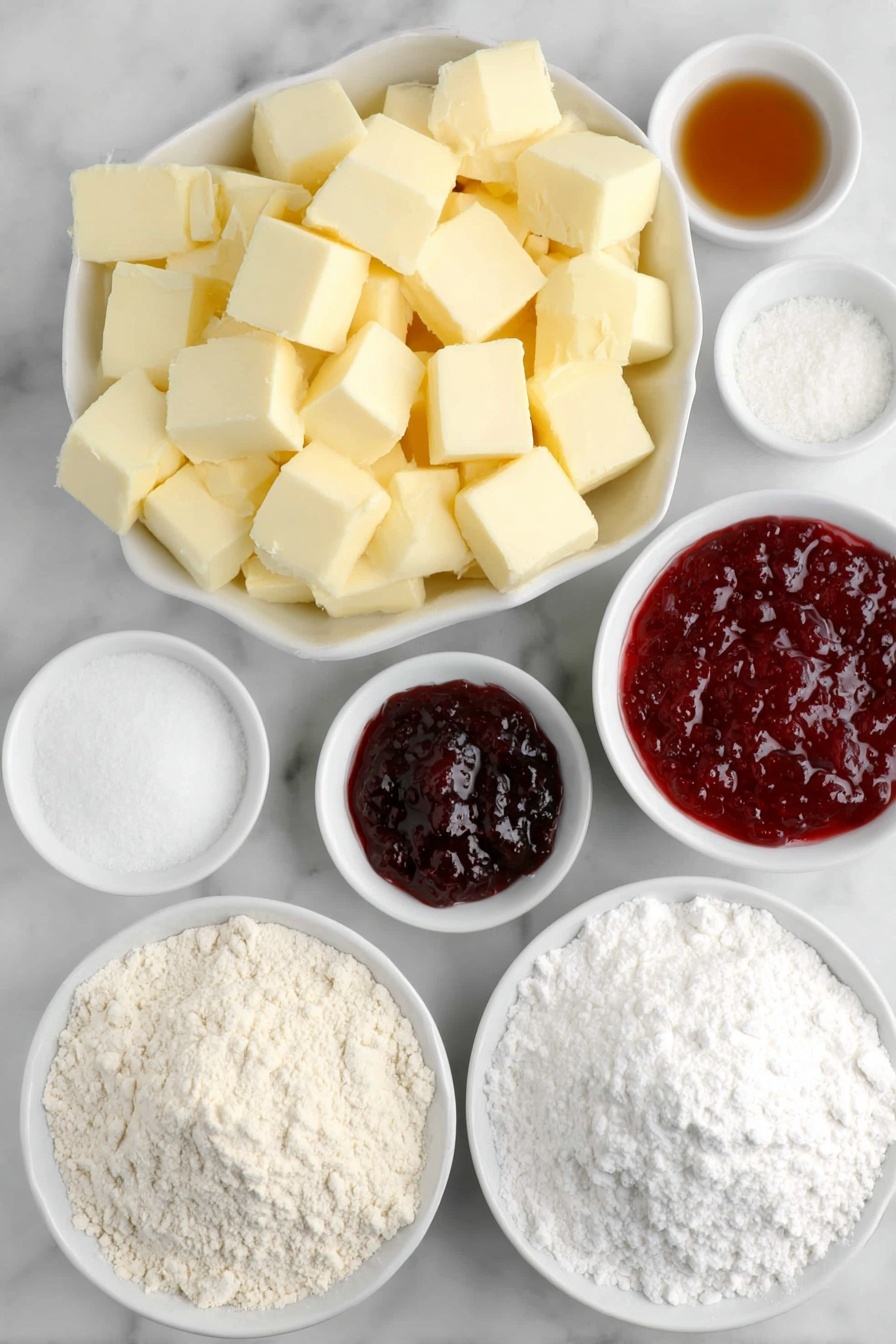 Raspberry Crumble Cookies, raspberry jam cookies, easy berry cookies, buttery crumble cookies, fruit-filled cookie recipes - Flat lay of a small heap of all purpose flour, chilled unsalted butter cut into small cubes, a small white bowl of granulated sugar, a small white bowl of pure vanilla extract, a small white bowl of almond extract, a small white bowl of salt, a small white bowl of vibrant red raspberry jam, and a small neat pile of powdered sugar placed on a clean white marble surface, soft natural light, photo taken with an iPhone, professional food photography style, fresh ingredients, white ceramic bowls, no bottles, no duplicates, no utensils, no packaging --ar 2:3 --v 7 --p m7354615311229779997